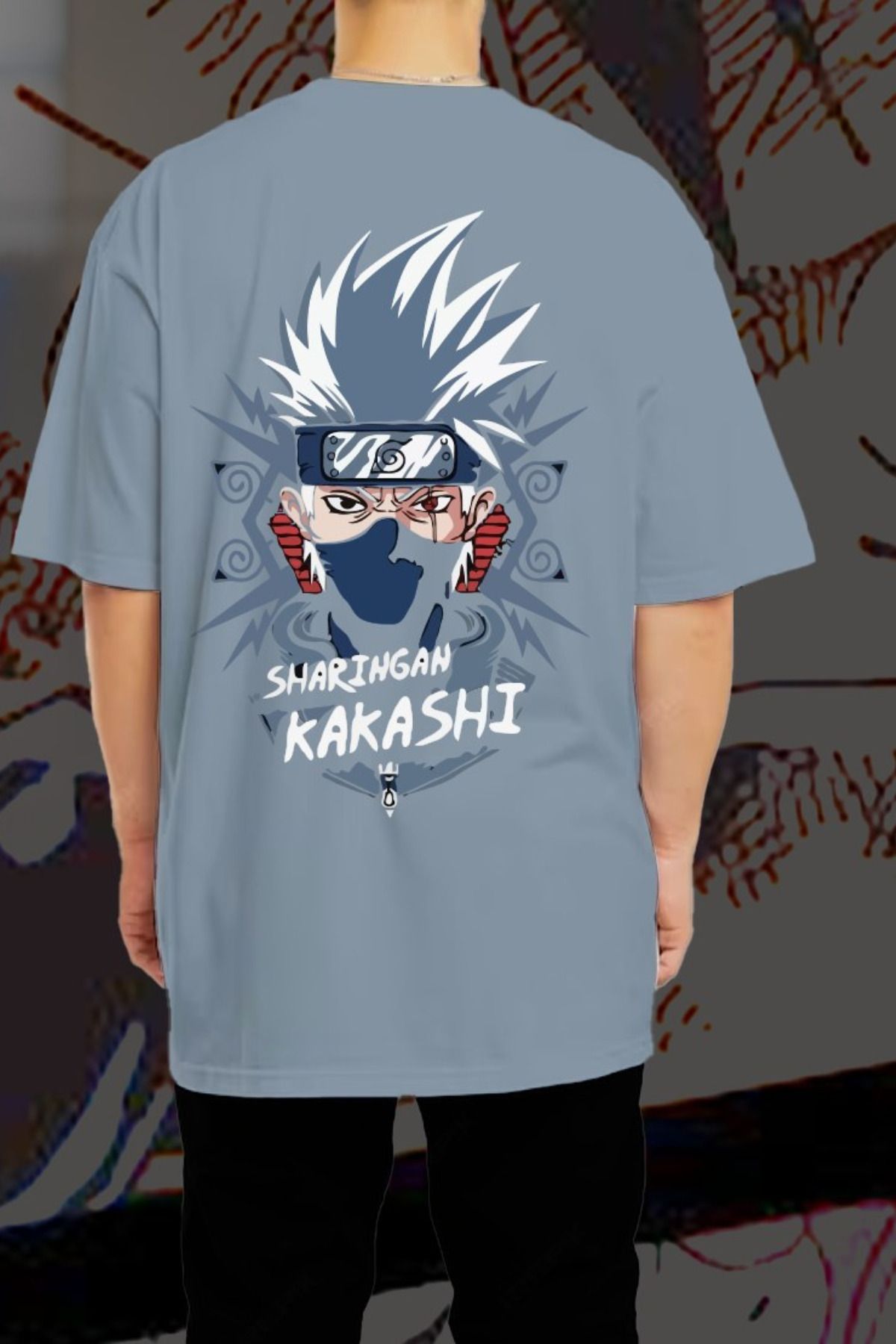 FECCY Pamuklu Sharingan Kakashi Baskılı Oversize T-shirt