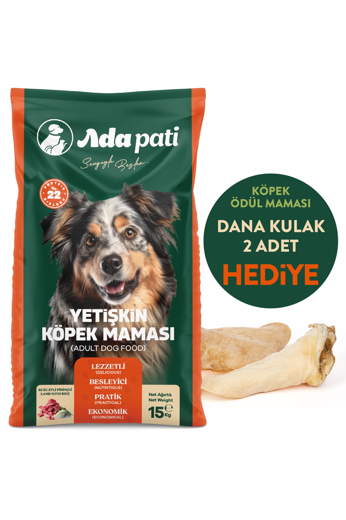 Ada Pati HEDİYELİ Köpek Maması 15 kg - Kuzu Etli Pirinçli - Dana Kulak 2 Adet Ödül Maması HEDİYE