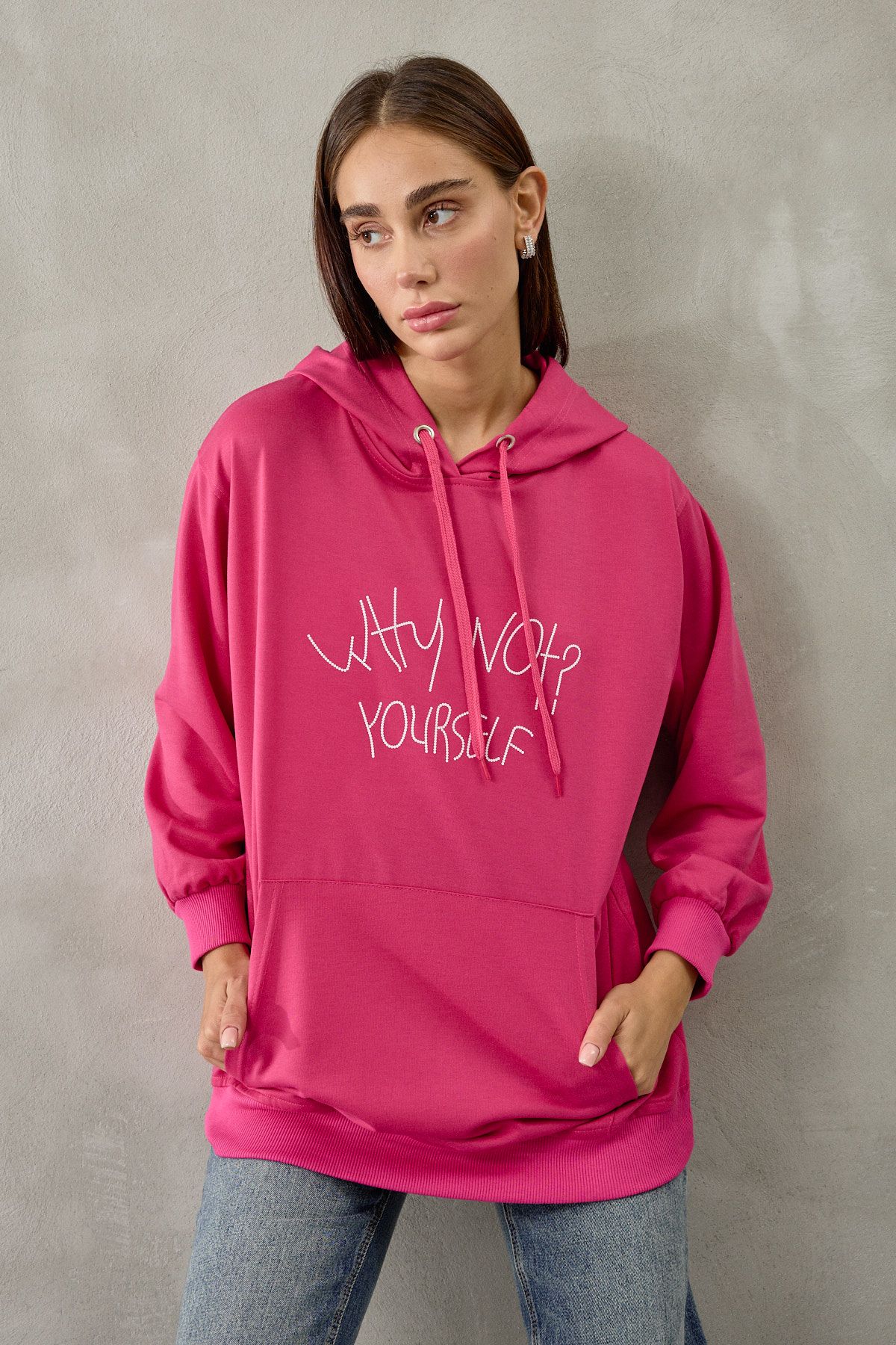 DİVİNE LİNE Kadın Baskı Detaylı Cepli Kanguru Sweatshirt