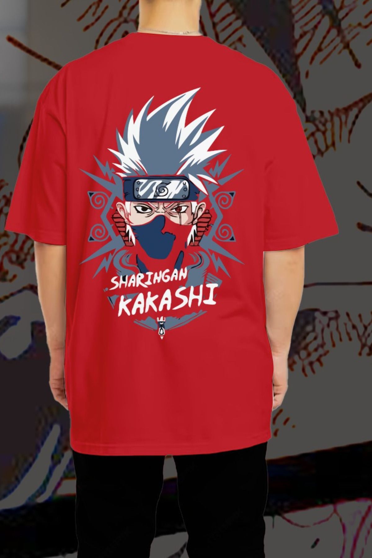 FECCY Pamuklu Sharingan Kakashi Baskılı Oversize T-shirt