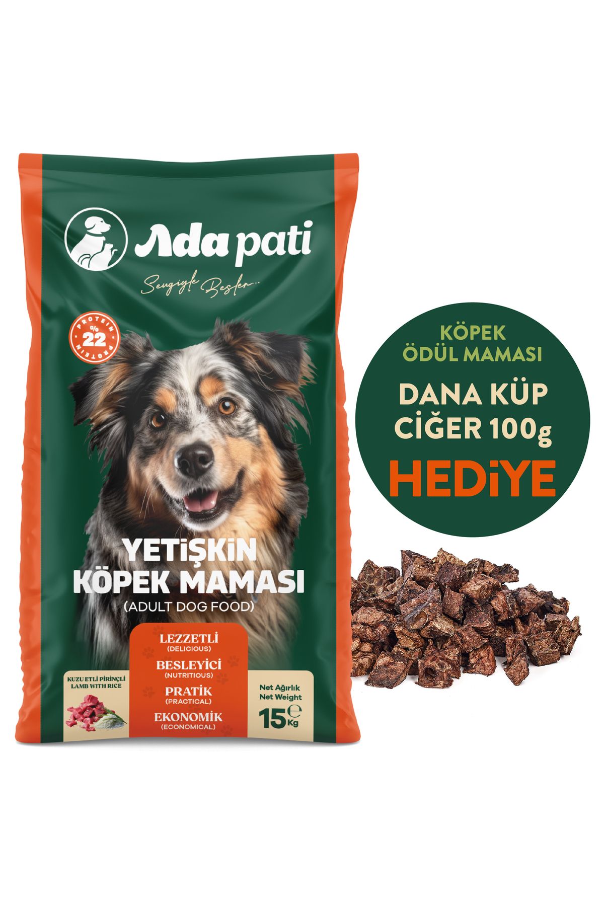 Ada Pati HEDİYELİ Köpek Maması 15 kg - Kuzu Etli Pirinçli - Dana Küp Ciğer Ödül Maması HEDİYE