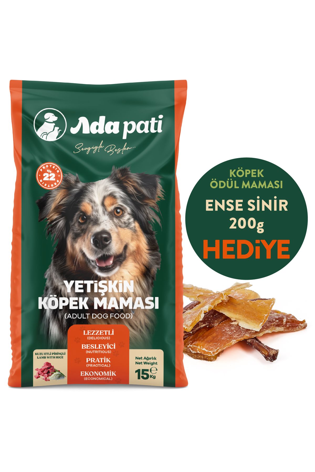 Ada Pati HEDİYELİ Köpek Maması 15 kg - Kuzu Etli Pirinçli - Ense Sinir Ödül Maması HEDİYE