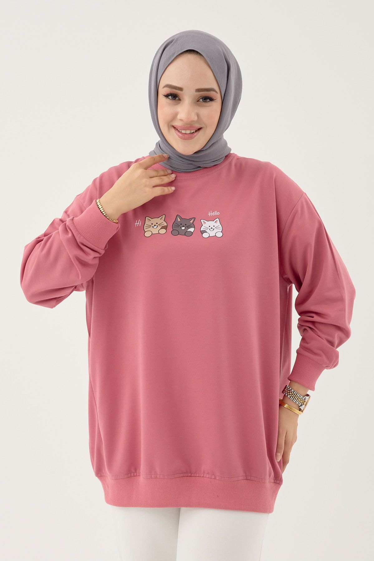 DİVİNE LİNE Kadın Kedi Baskılı Bisiklet Yaka Basic Sweatshirt