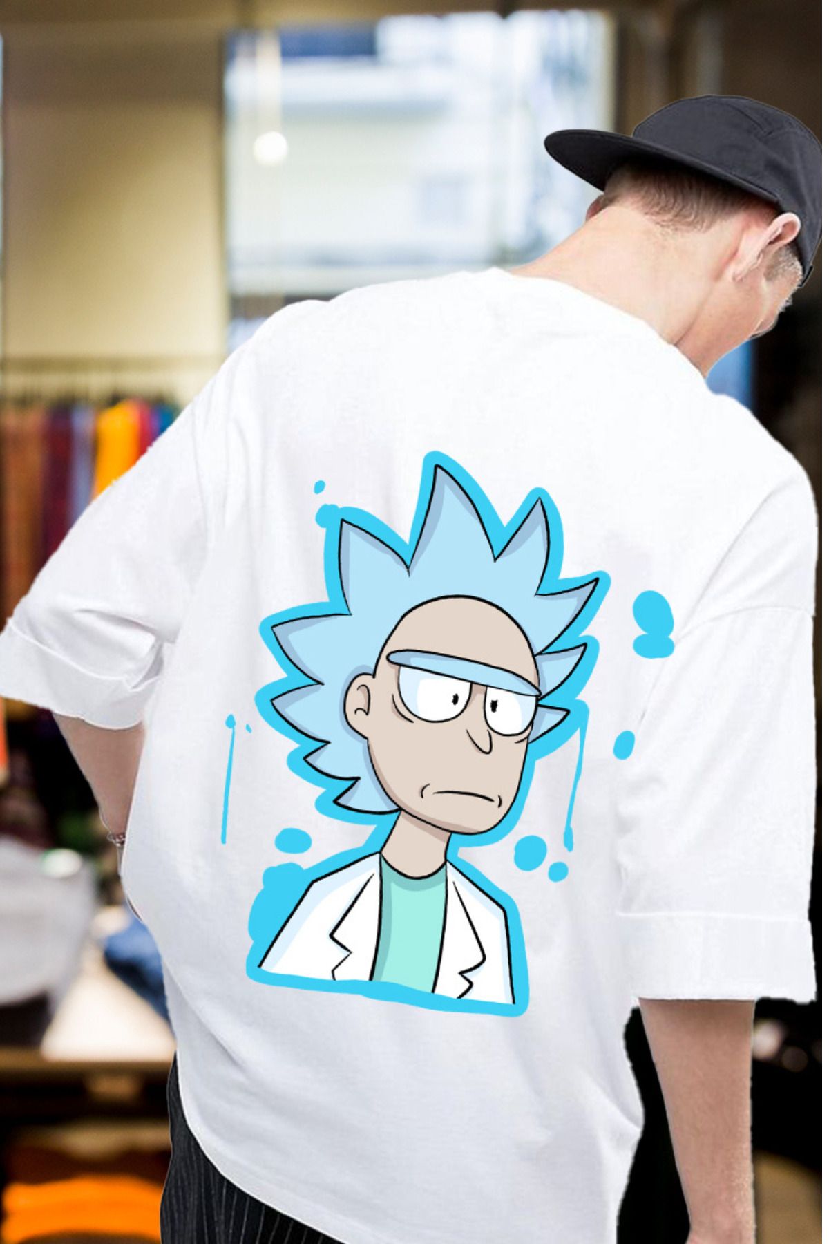 FECCY Pamuklu Rick and Morty Baskılı Oversize T-shirt