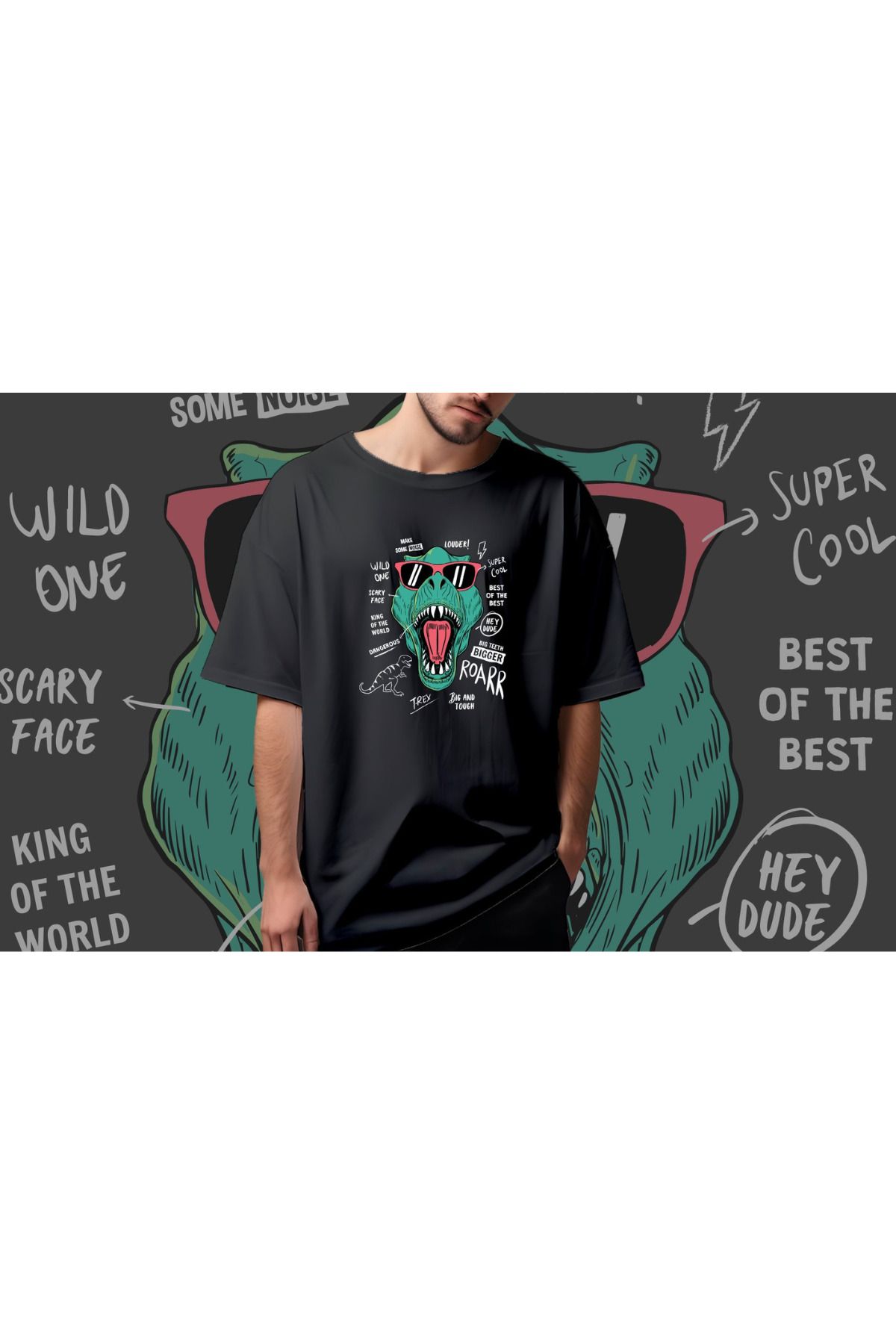 FECCY Pamuklu T-Rex Roar Baskılı Oversize T-shirt