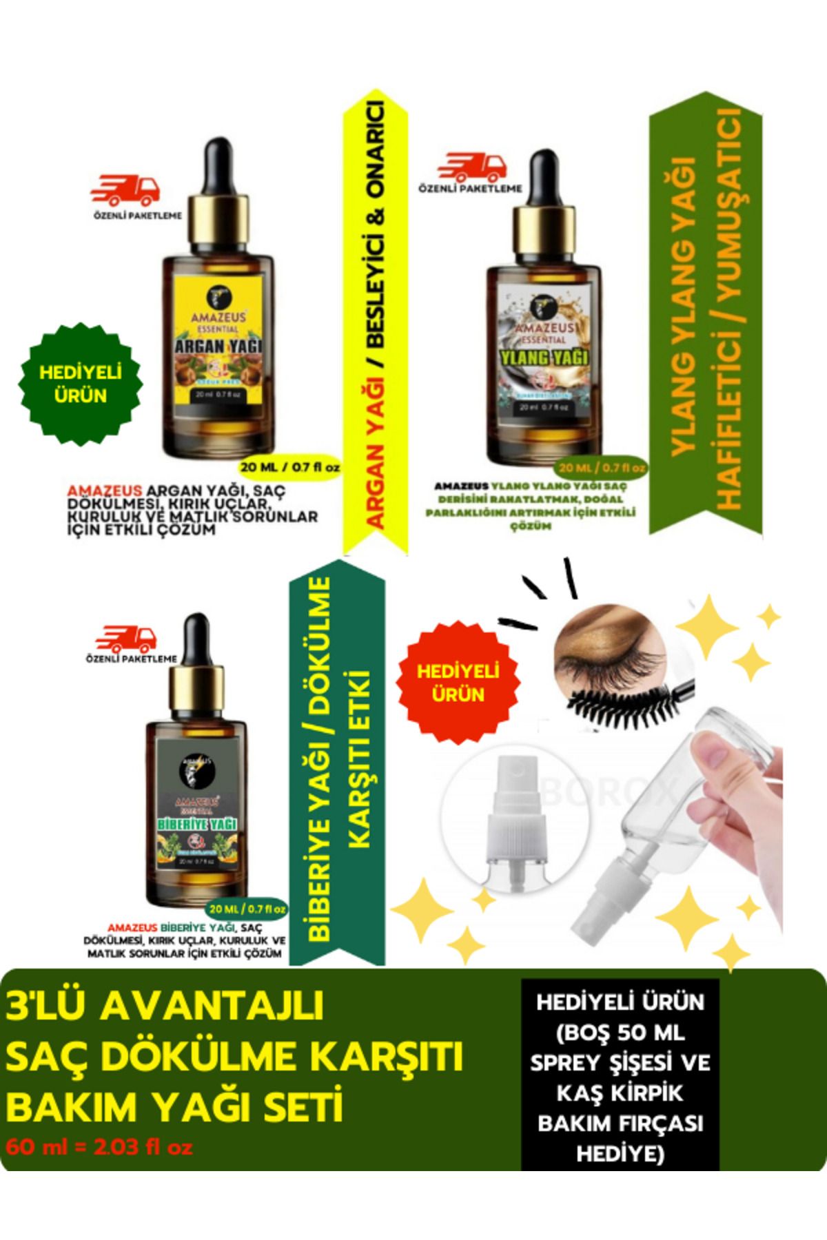 Amazeus ARGAN 20 ML, YLANG 20 ML, BİBERİYE 20 ML (3'LÜ BİTKİSEL YAĞ SETİ) %100 SAF VE DOĞAL (HEDİYELİ ÜRÜN)