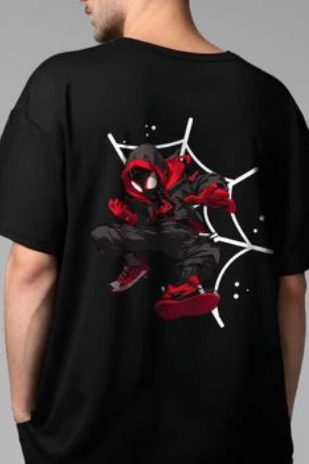 FECCY Pamuklu Spider-Man Miles Morales Baskılı Oversize T-shirt