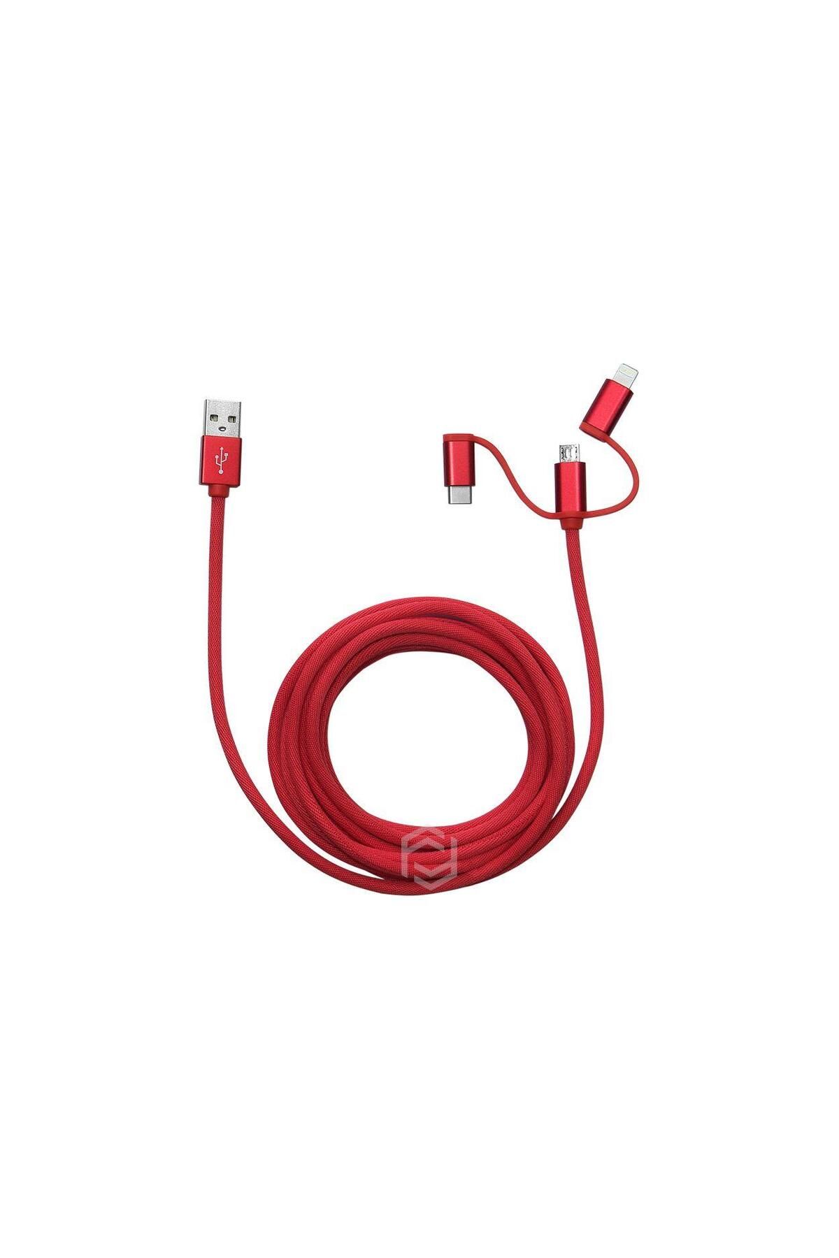 Vobotek Teknoloji Frisby FA-7558UC 3mt Örgülü USB Data - Şarj Kablo 3in1 (iOS-Android-Type-C) Kırmızı