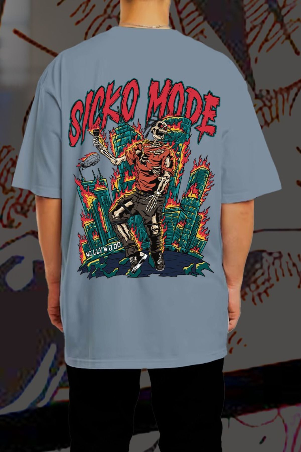 FECCY Pamuklu Sicko Mode Baskılı Oversize T-shirt