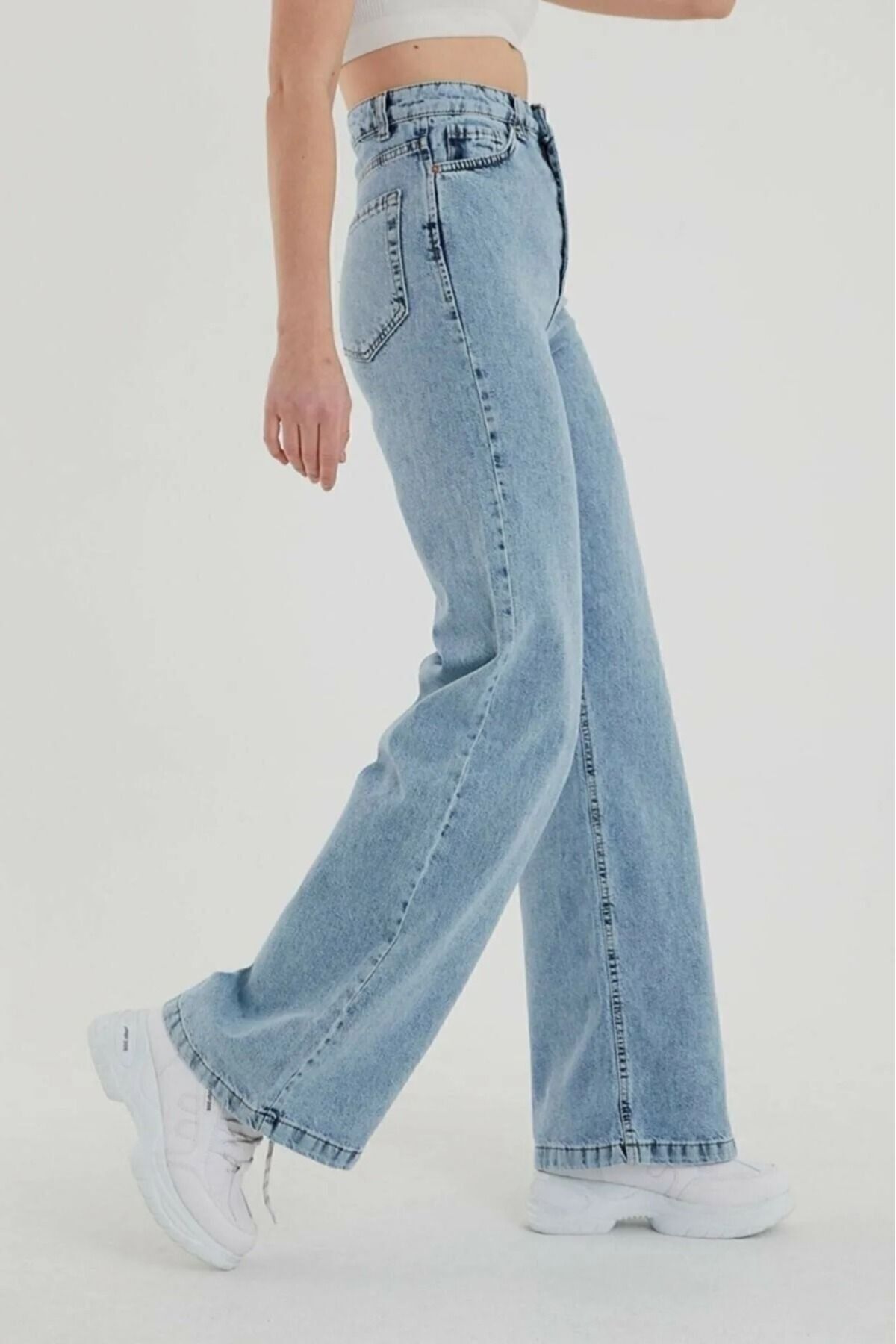 jaxen Kadın 90's Wide Leg Açık Mavi Kar Yıkama Yüksek Bel Comfort Likralı Denim Palazzo Jeans Kot Pantolon