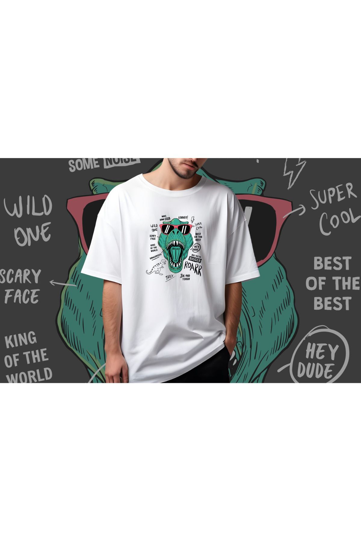 FECCY Pamuklu T-Rex Roar Baskılı Oversize T-shirt