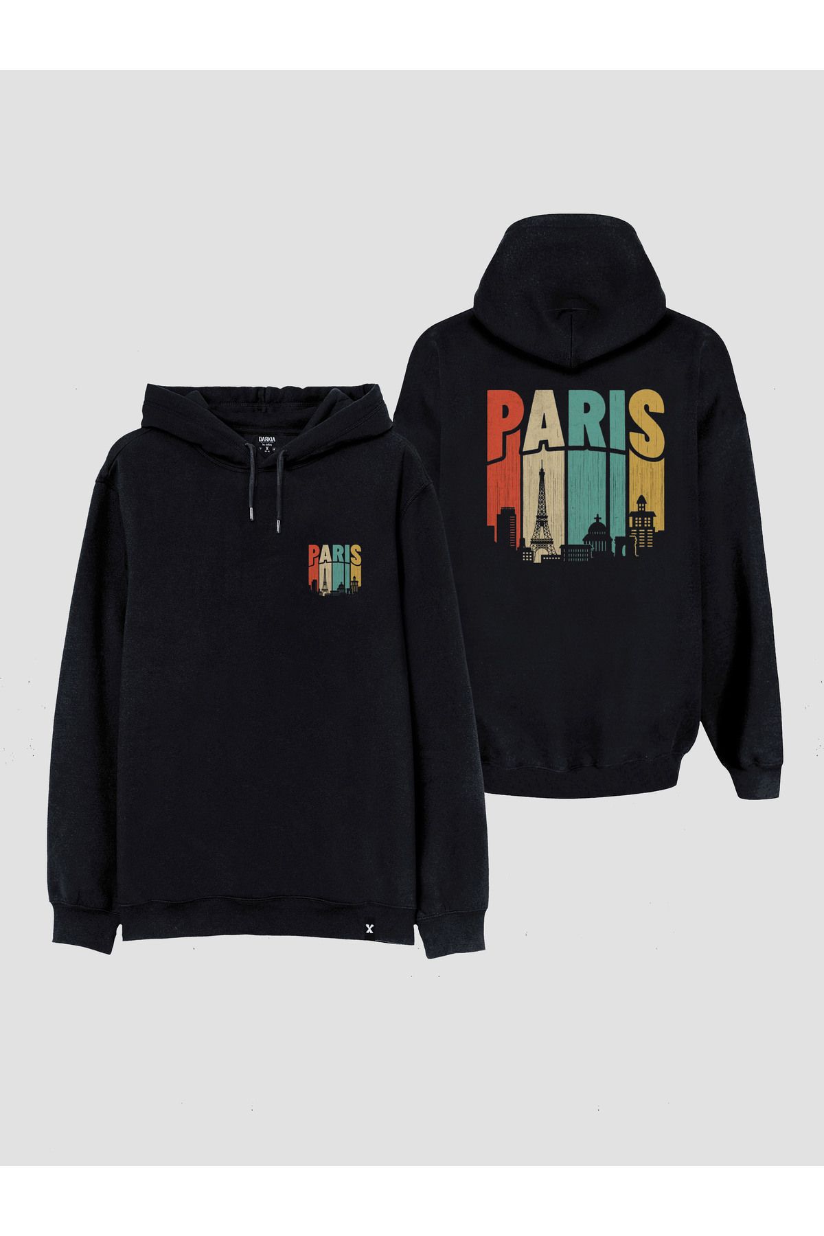 sielta Paris Baskılı Çift Taraflı Kapşonlu Unisex Siyah Sweathsirt Hoodie