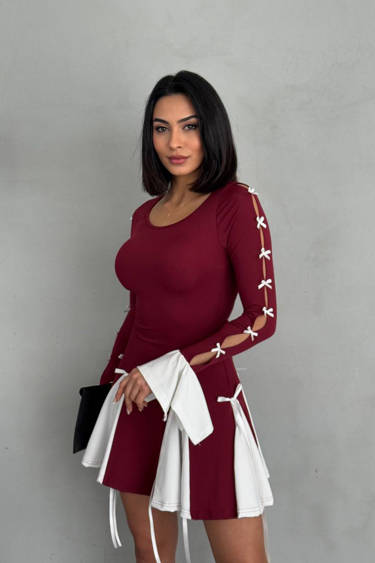 Neşeli Butik kadın bordo pile detaylı tasarım mini elbise NBDF135