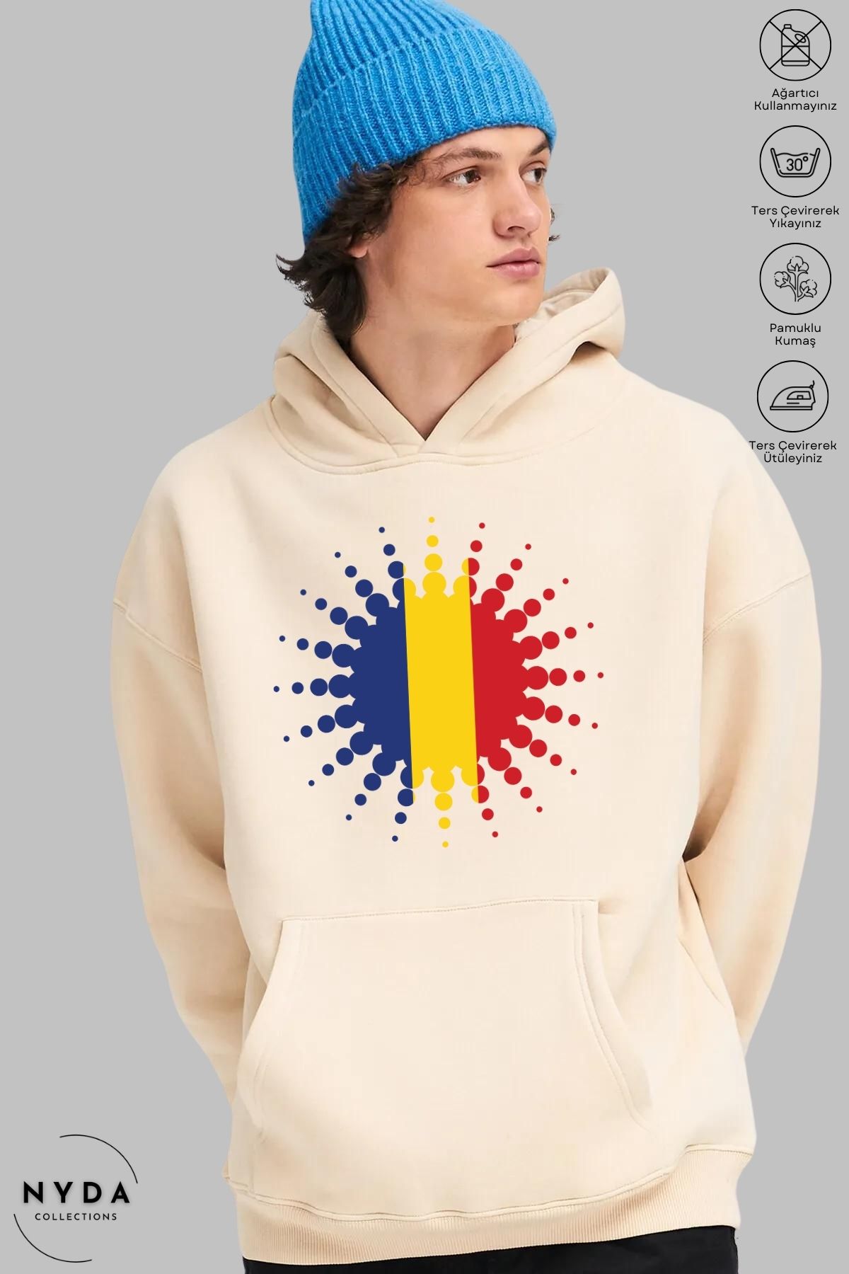 Nyda Collections Unisex Hoodie Uzun Kollu Romania Baskılı Kapüşonlu Şardonlu Oversize Pamuk Sweatshirt