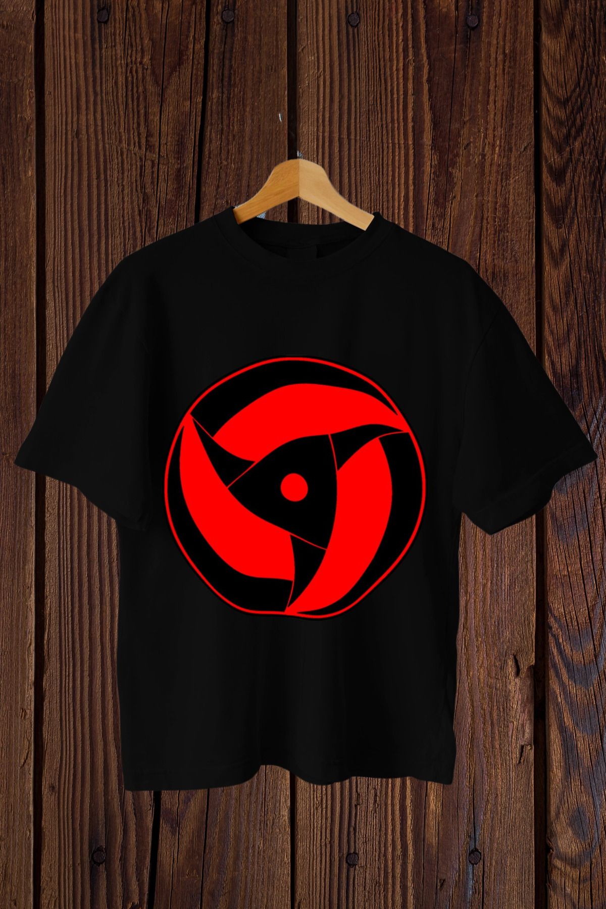 FECCY Pamuklu Uchiha Sharingan Simgesi Siyah Oversize T-shirt