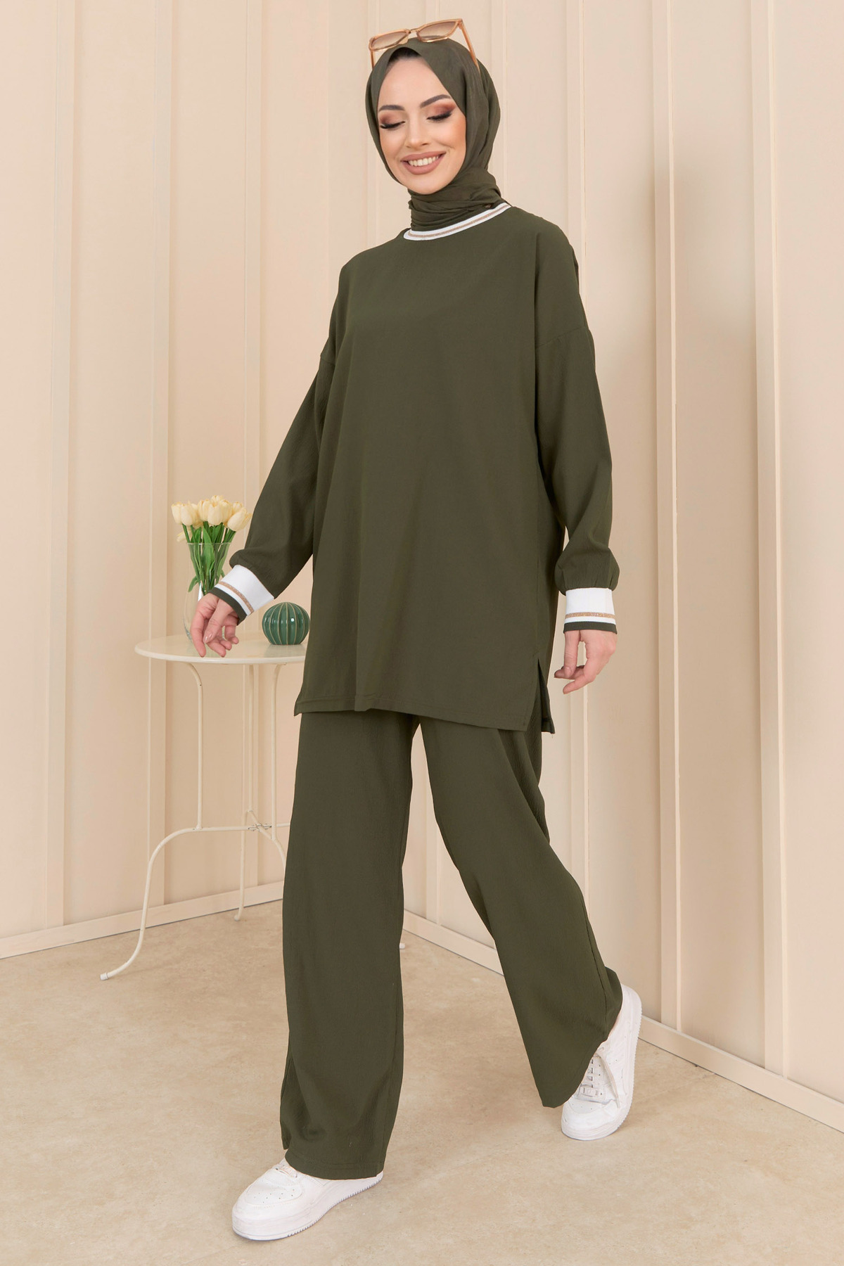 TOFİSA Khaki Women's Tunic Trousers - Straight Crew Neck - 11402