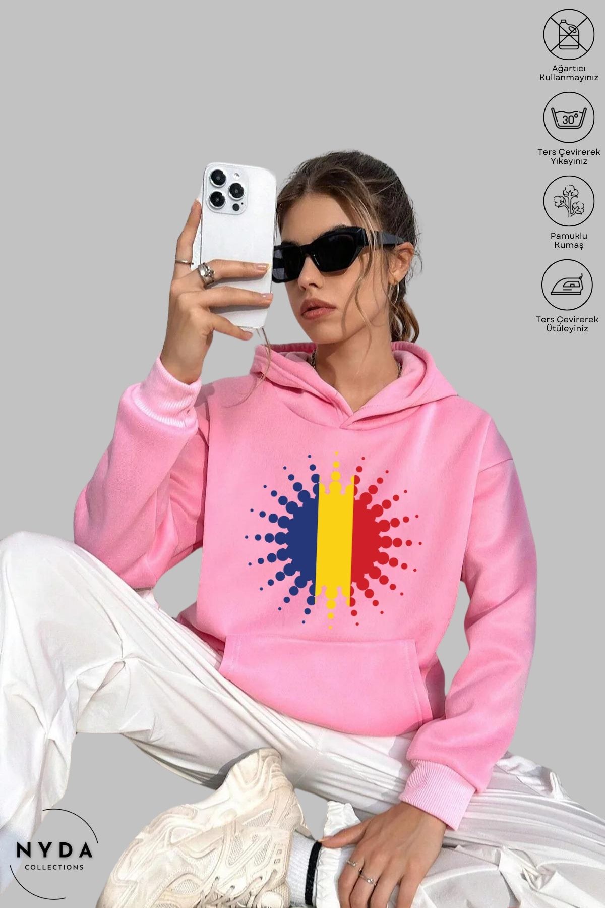 Nyda Collections Unisex Hoodie Uzun Kollu Romania Baskılı Kapüşonlu Şardonlu Oversize Pamuk Sweatshirt