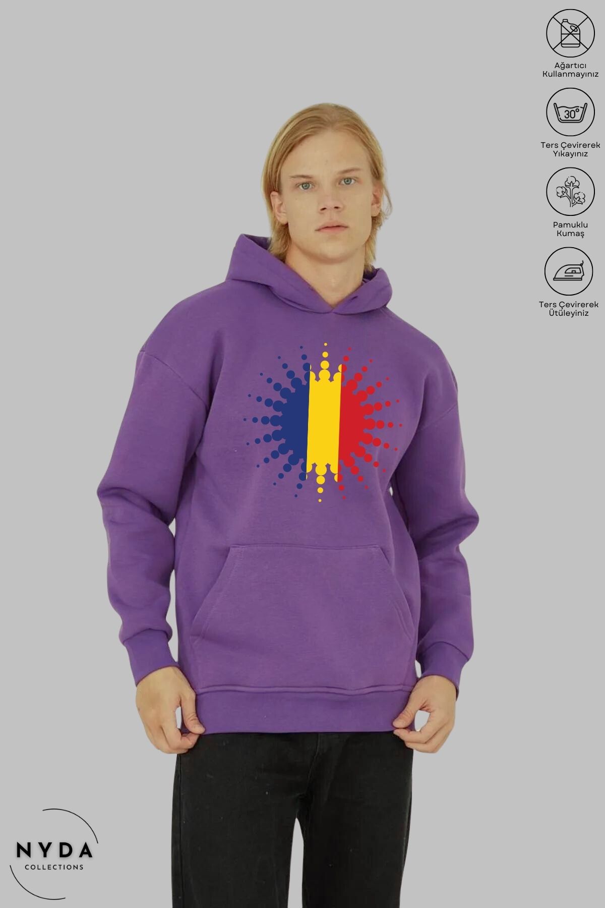 Nyda Collections Unisex Hoodie Uzun Kollu Romania Baskılı Kapüşonlu Şardonlu Oversize Pamuk Sweatshirt