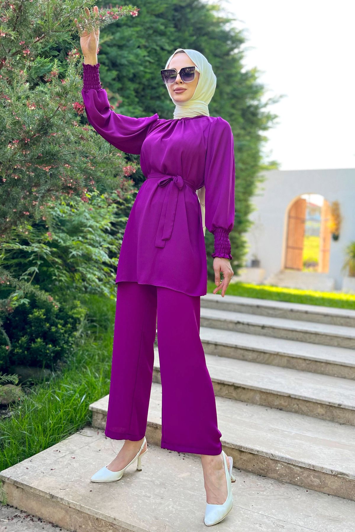 TOFİSA-Women's Purple Tunic Pants with Straight Judge Collar - 13019 3