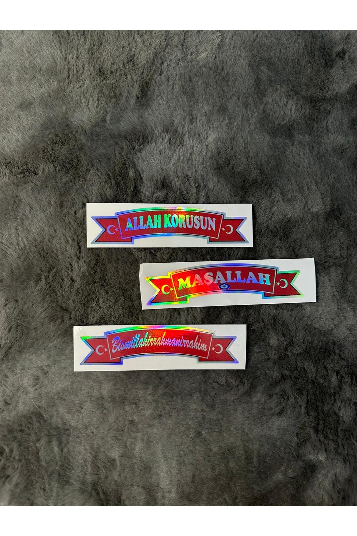 MOTTOMOR Maşallah Besmele Allah Korusun 3'lü Hologram Etiket Sticker Yapıştırma Araba Tır Kamyon Dolmuş