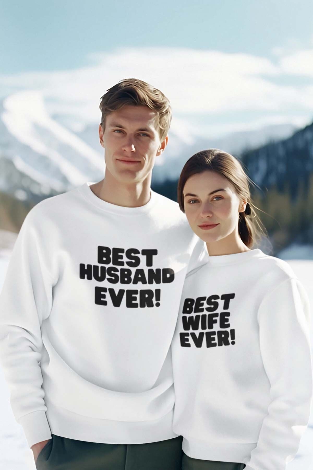 qoeuyl boutique Best Husband - Wife Ever Sevgili Çift Kombin Sevgililer Günü Hediye Baskılı Bisiklet Yaka Sweatshirt