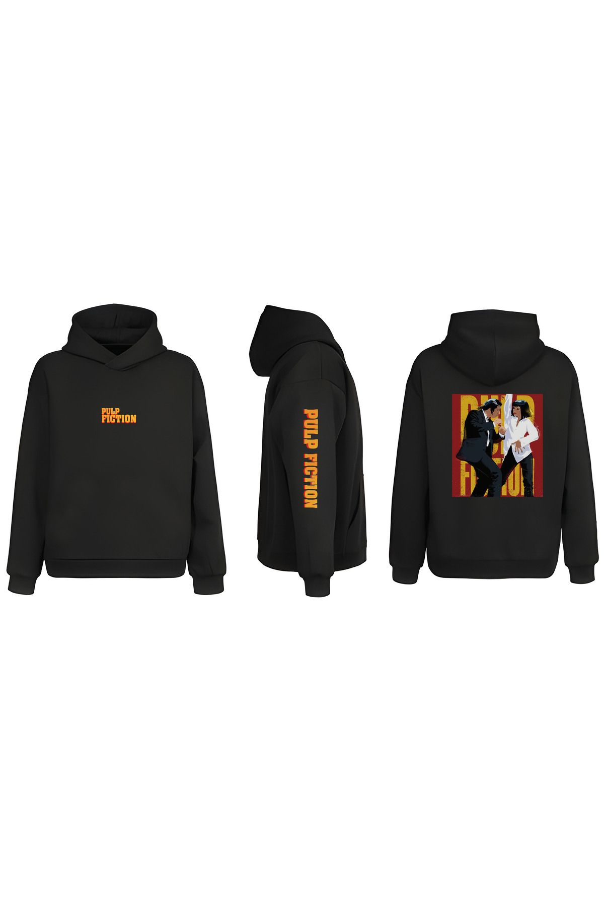 sielta Pulp Fiction Ucuz Roman  Kol Baskılı Çift Taraflı Kapşonlu Unisex Siyah Sweathsirt Hoodie