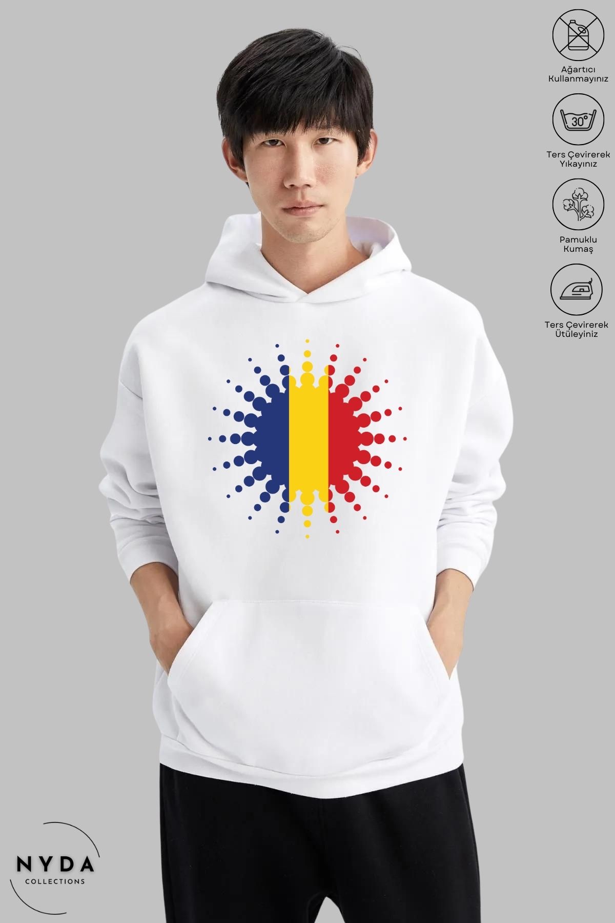 Nyda Collections Unisex Hoodie Uzun Kollu Romania Baskılı Kapüşonlu Şardonlu Oversize Pamuk Sweatshirt