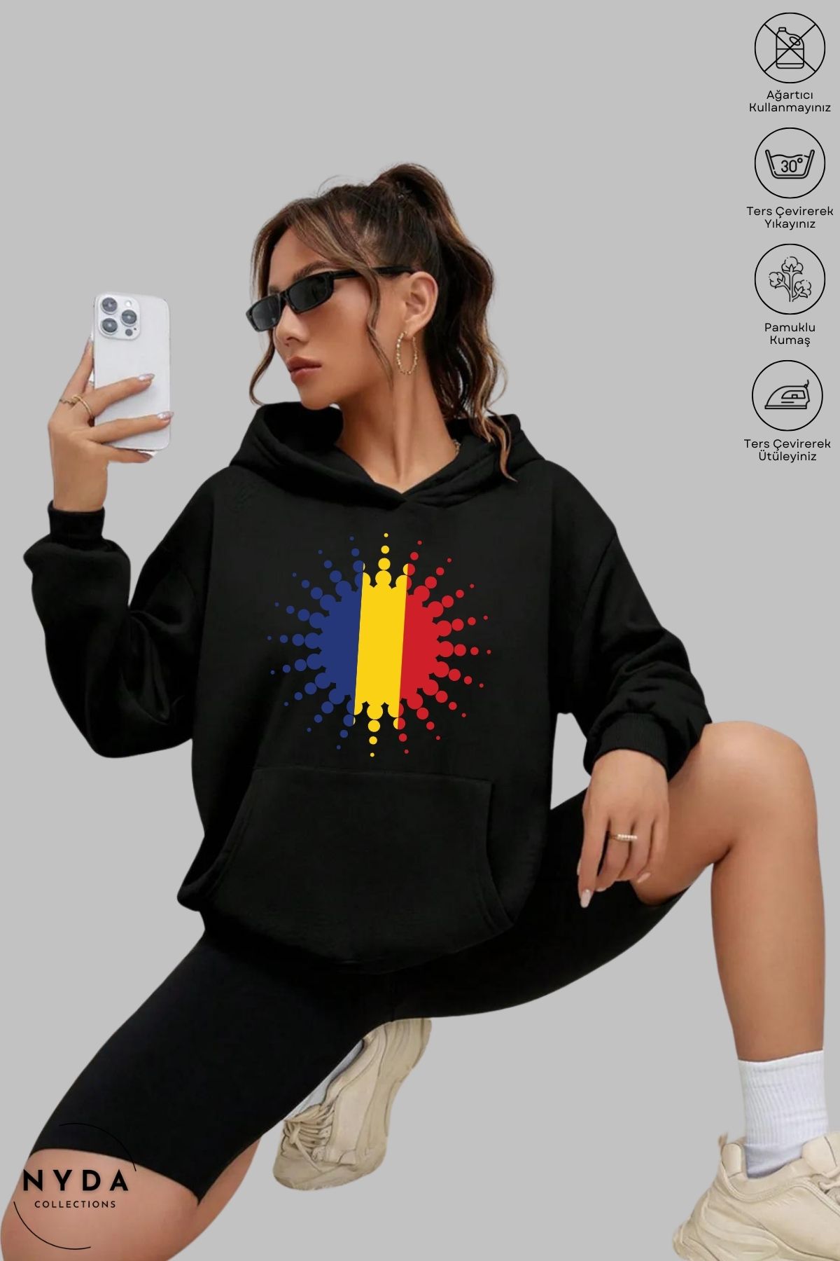 Nyda Collections Unisex Hoodie Uzun Kollu Romania Baskılı Kapüşonlu Şardonlu Oversize Pamuk Sweatshirt