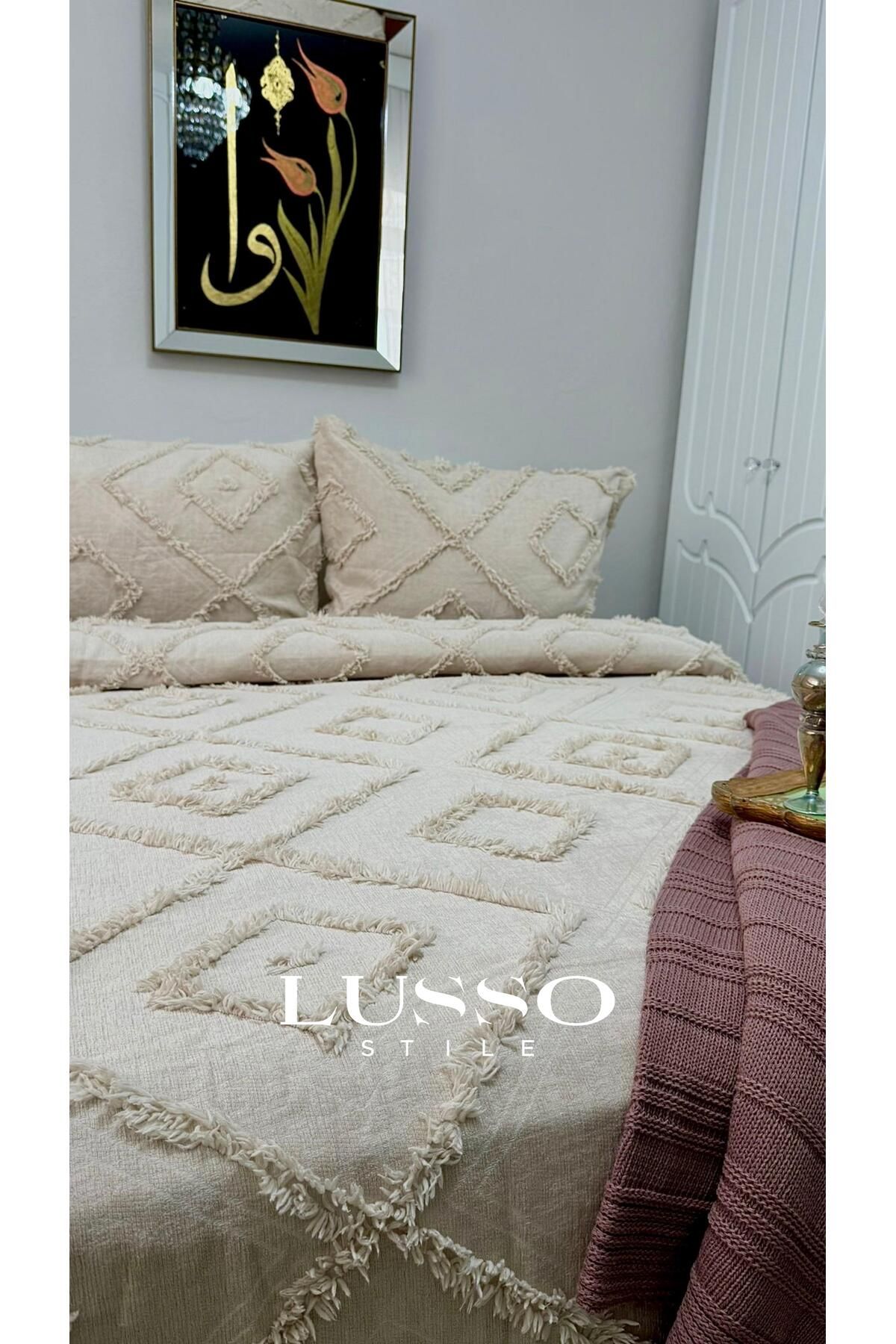 lusso stile ISKANDINAV Desen Çift Kişilik Ekru 240x250 ve 2 Adet Yastık Kılıfı