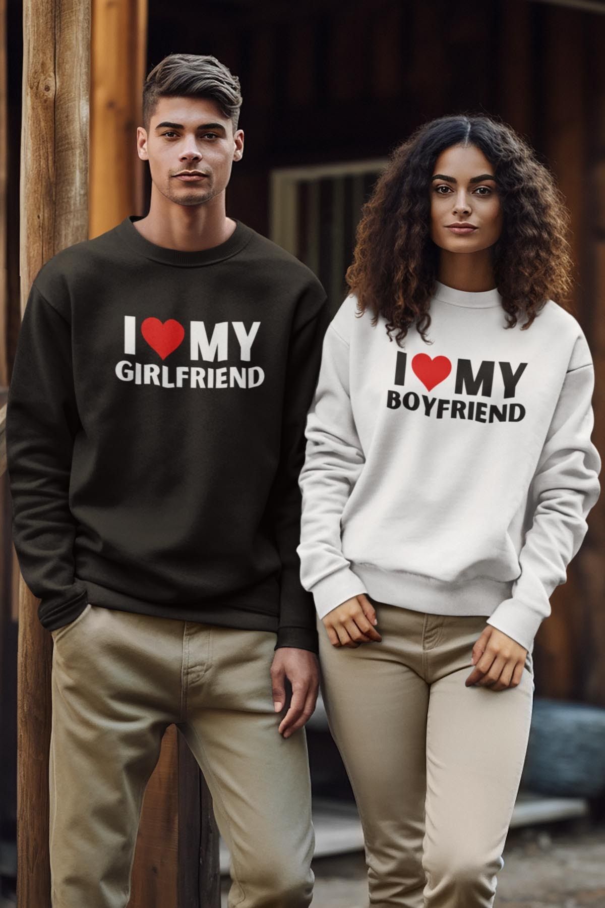 qoeuyl boutique I Love My Girlfriend-Boyfriend Sevgili Çift Kombin Sevgililer Günü Baskılı Bisiklet Yaka Sweatshirt