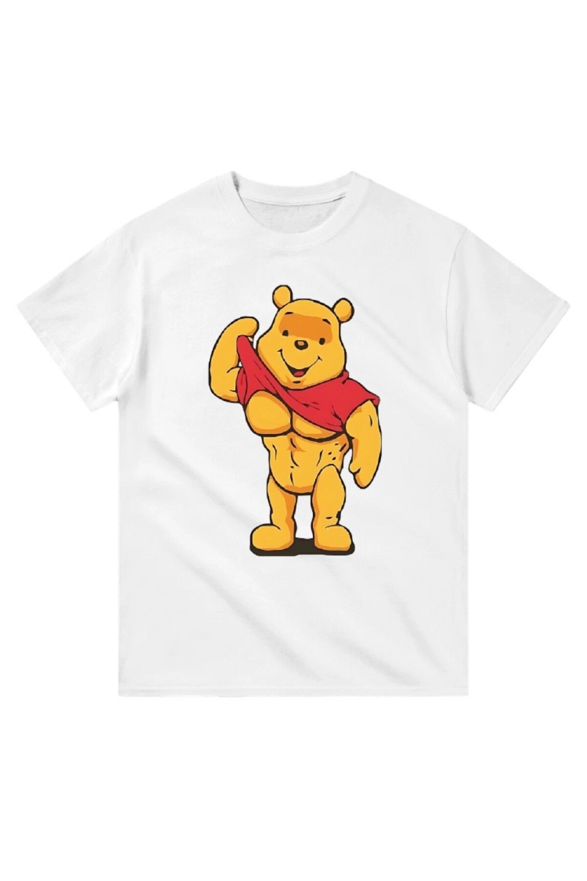 Cooqpoo Kaslarını Gösteren Sarı Ayı Baskılı XS-S-M-L-XL-2XL Beden Kadın Erkek Unisex Pamuklu Beyaz Tshirt