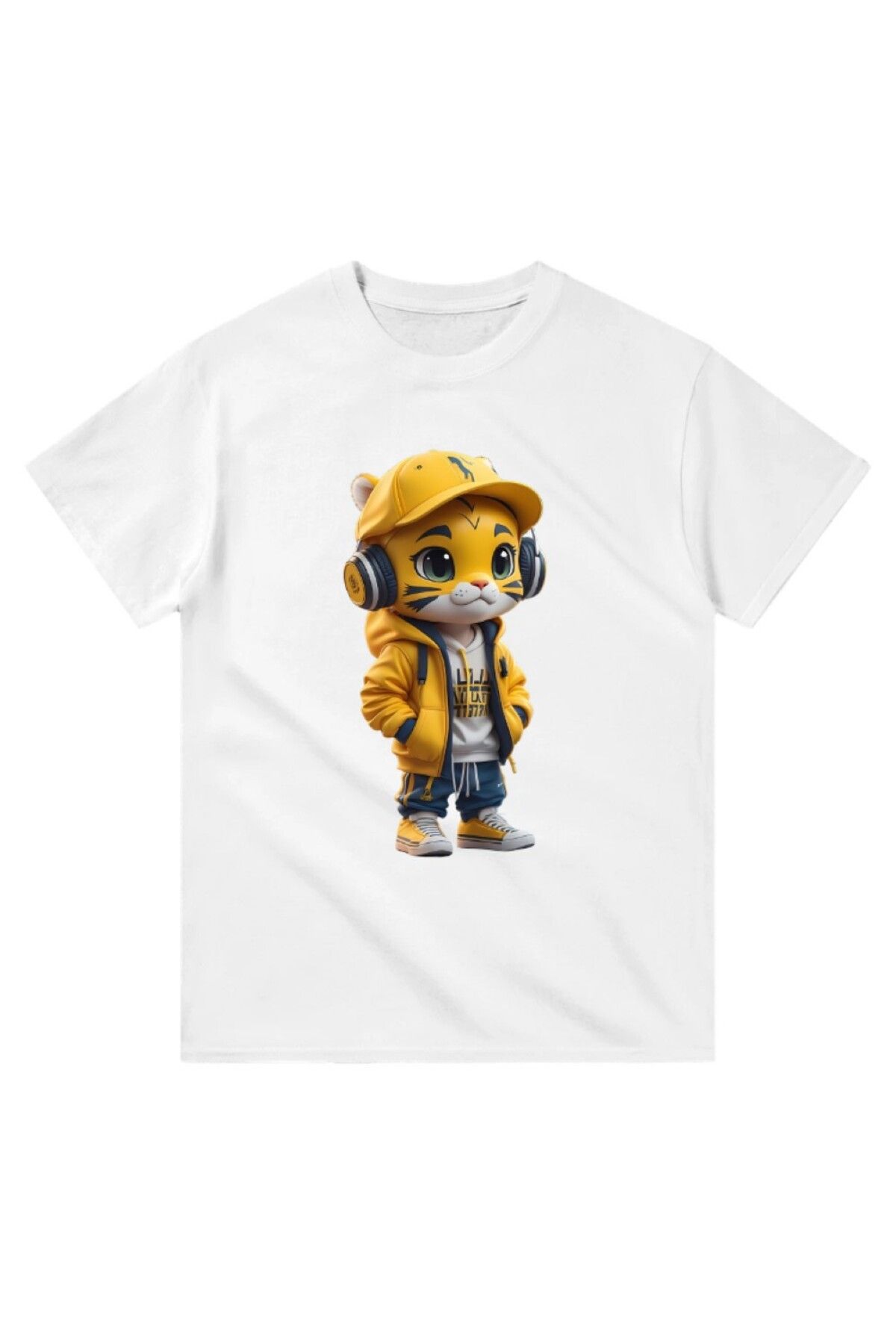 Cooqpoo Kulaklıklı Kedi Baskılı XS-S-M-L-XL-2XL Beden Kadın Erkek Unisex Pamuklu Beyaz Tshirt