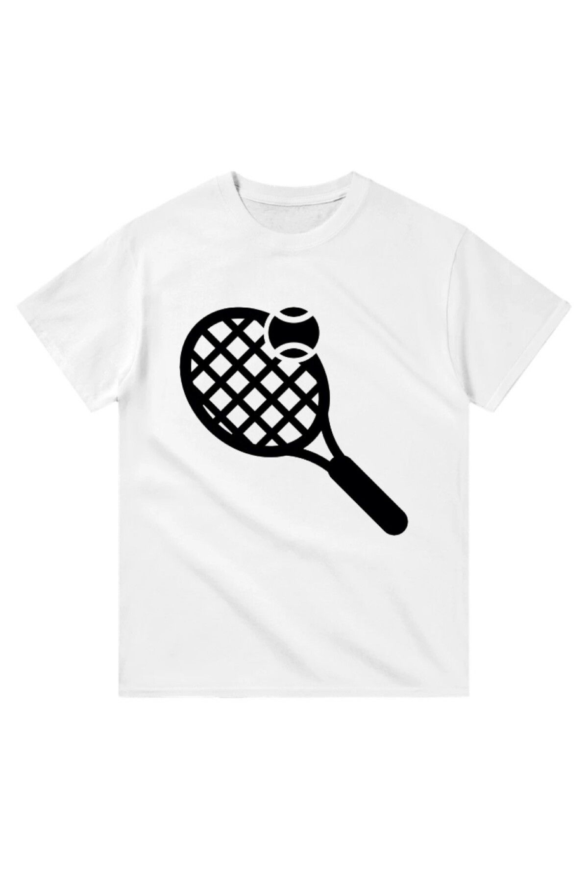 Cooqpoo Tenis Raketi ve Top Baskılı XS-S-M-L-XL-2XL Beden Kadın Erkek Unisex Pamuklu Beyaz Tshirt