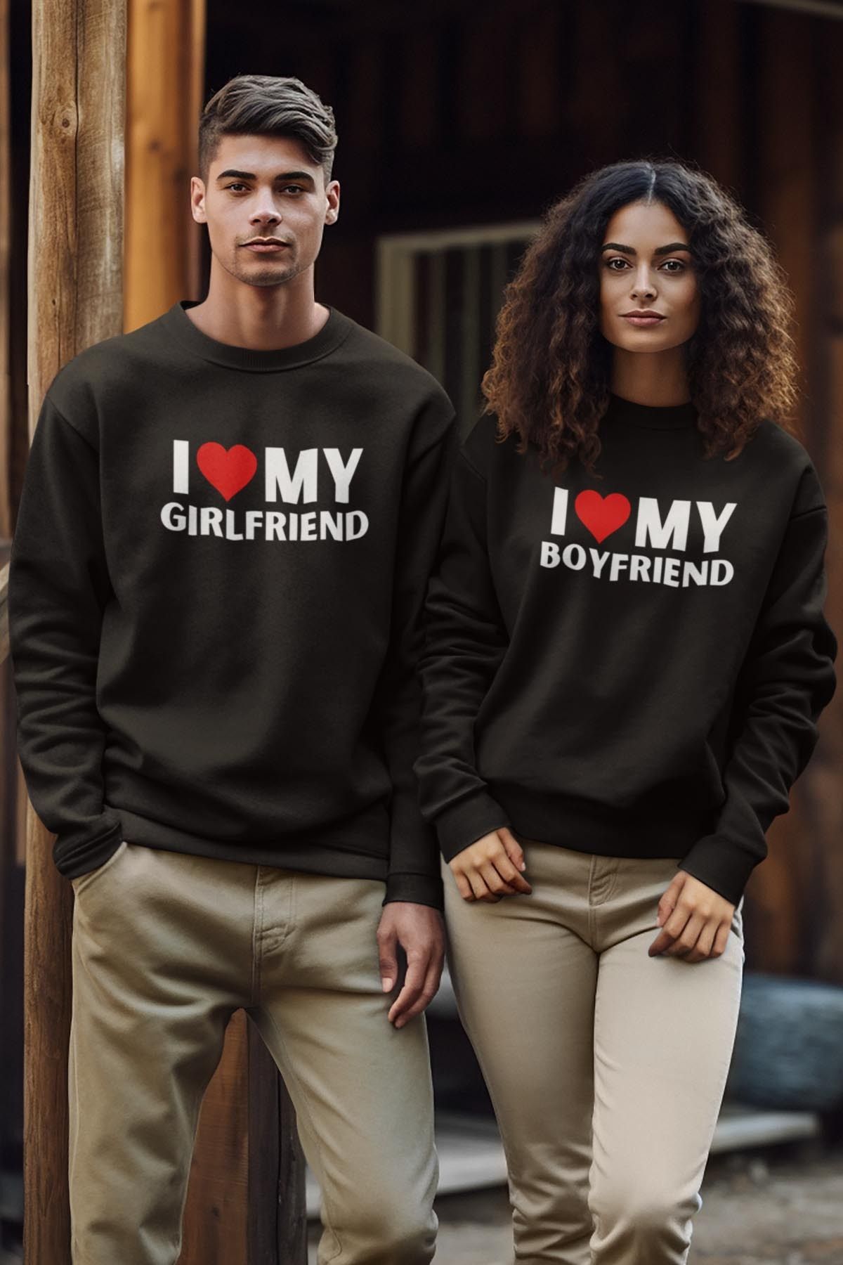 qoeuyl boutique I Love My Girlfriend-Boyfriend Sevgili Çift Kombin Sevgililer Günü Baskılı Bisiklet Yaka Sweatshirt