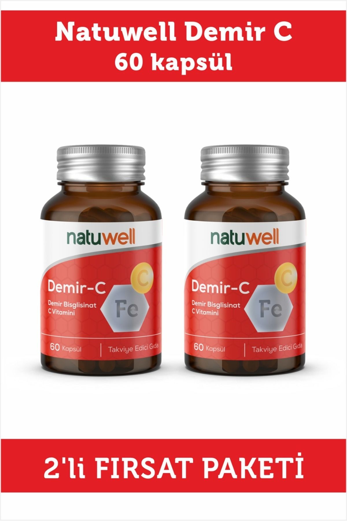 Natuwell Demir-c (DEMİR BİSGLİSİNAT C VİTAMİNİ) 60 Kapsül 2'li Fırsat Paket