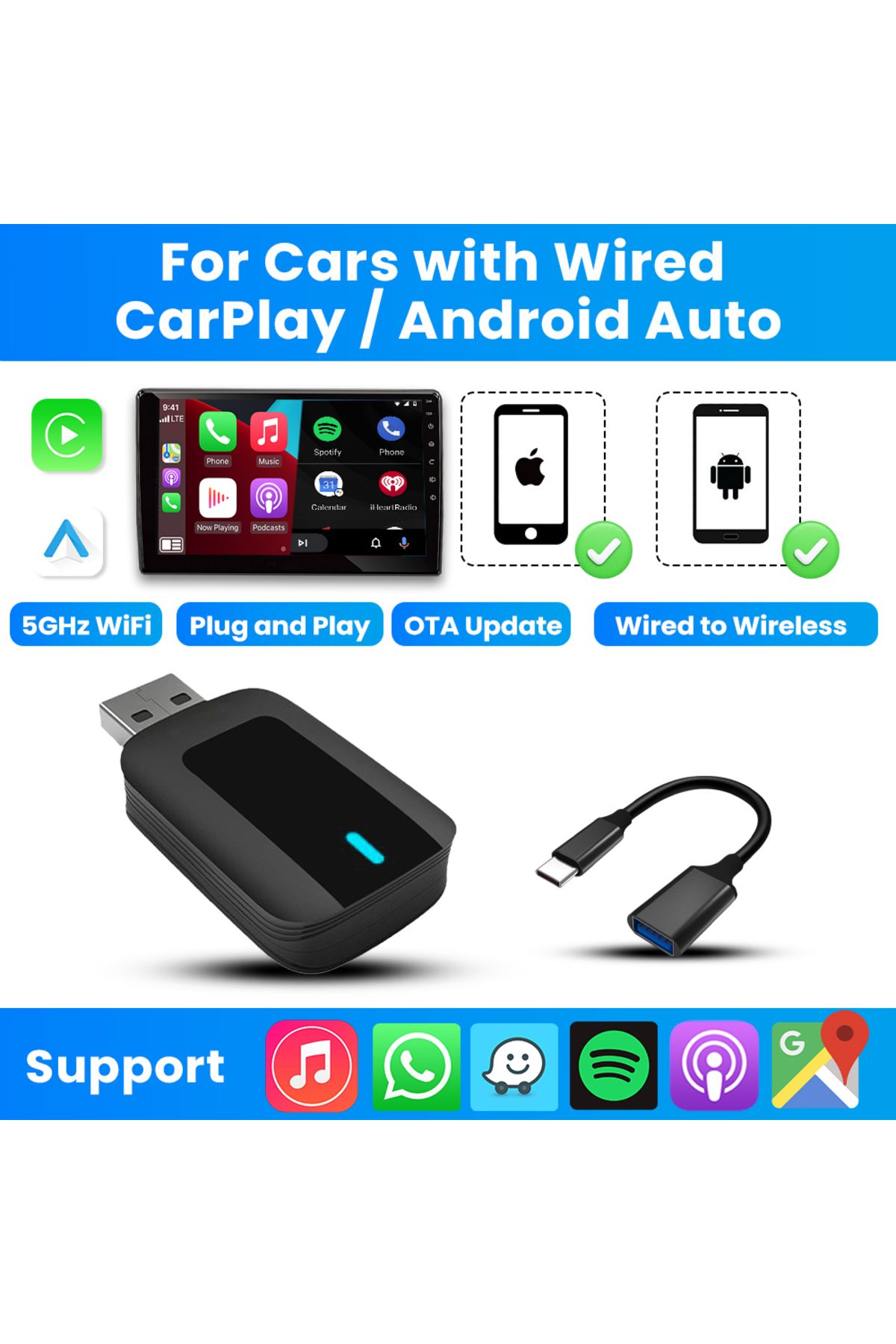 QMCARTRADE-365 Days Guarantee V1-cable Wireless Carplay Adapter Wireless Android Auto Adapter 2 In 1 For Mazda 1
