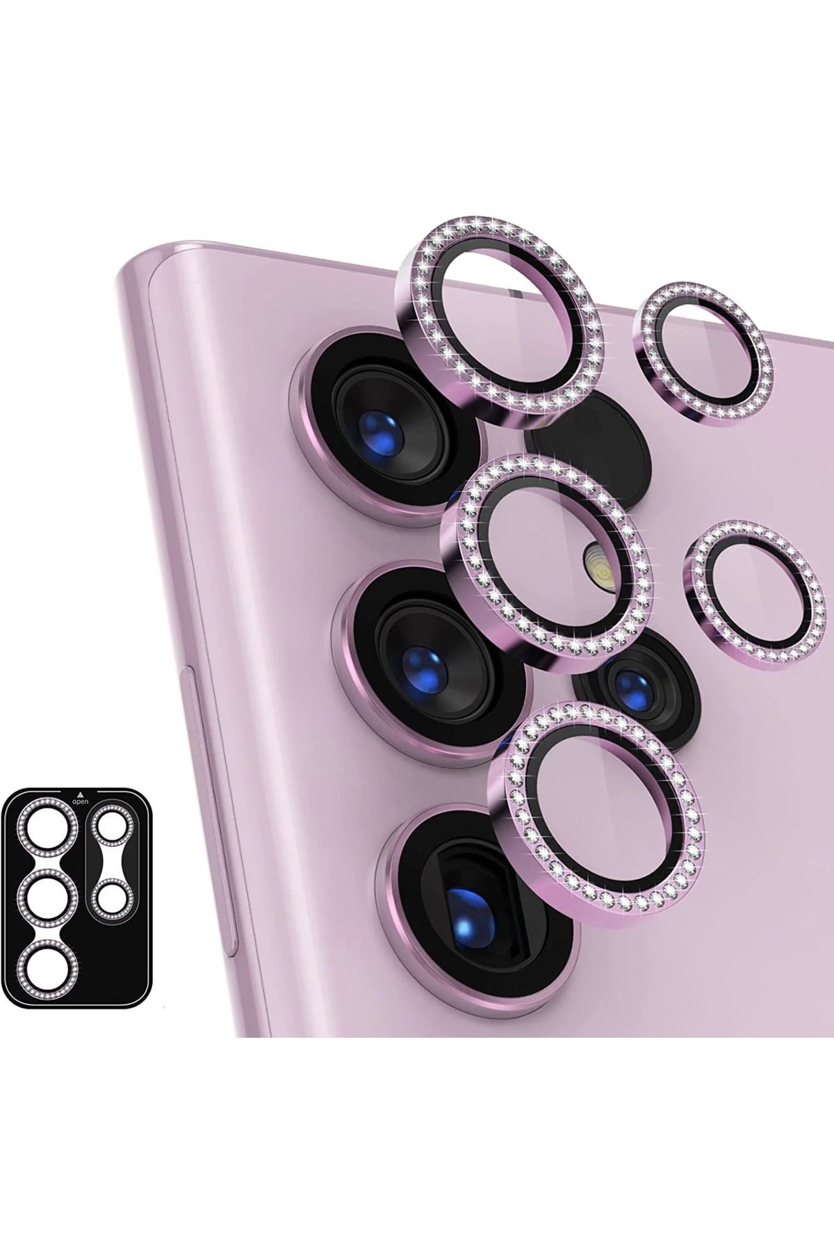 HAMŞO Tek Galaxy S23 Ultra- Galaxy S24 Ultra Uyumlu Metal Süslü Taşlı Temperli Cam Lens Koruyucu [5 Li Set ]