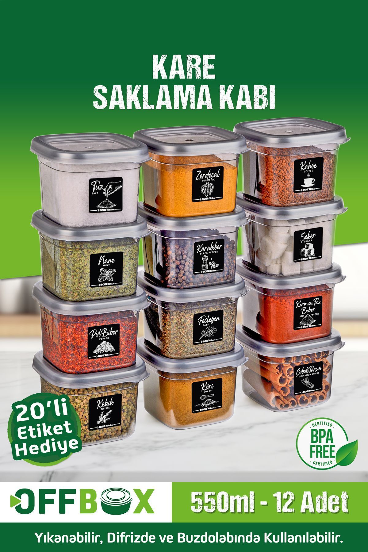 teknotrust 12'Li 24 Parça Baharatlık Takımı Kare Saklama Kabı Seti 550ml. 20 Etiket