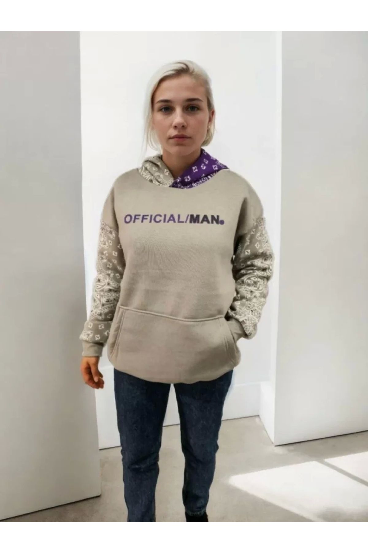 Kelepire Düştü Baskılı Kapüşonlu Sweatshirt - Gri