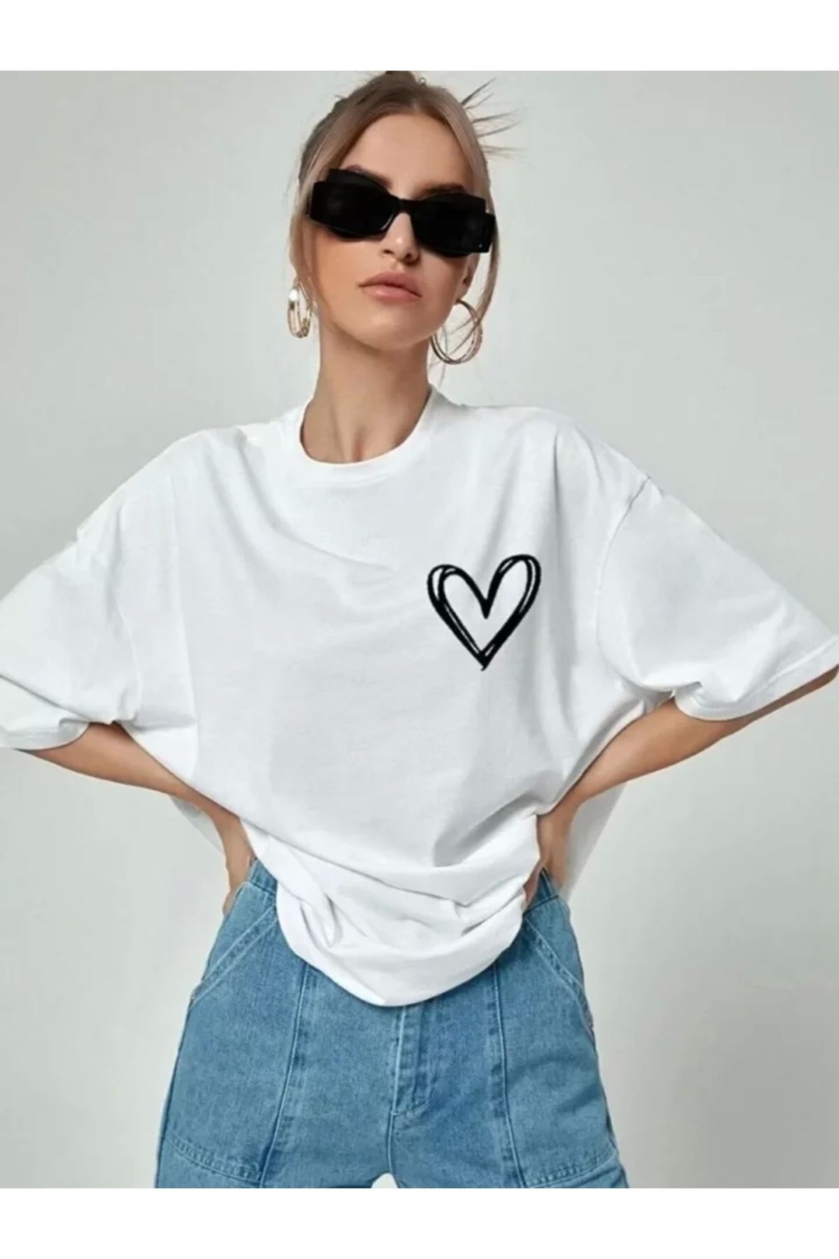 Kelepire Düştü Bisiklet Yaka Baskılı Oversize T-Shirt - Beyaz