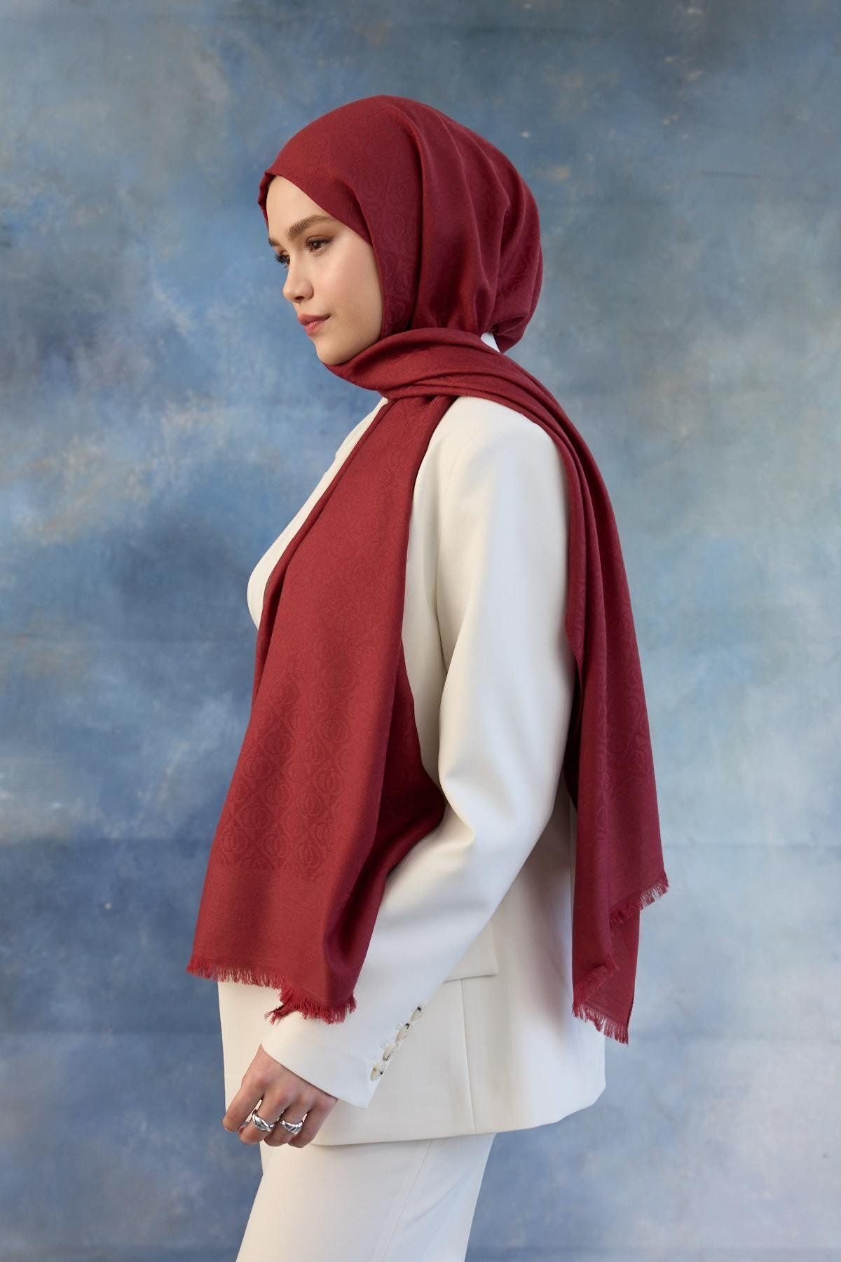 İpekhan-Red Cotton Jacquard Shawl 8008 3