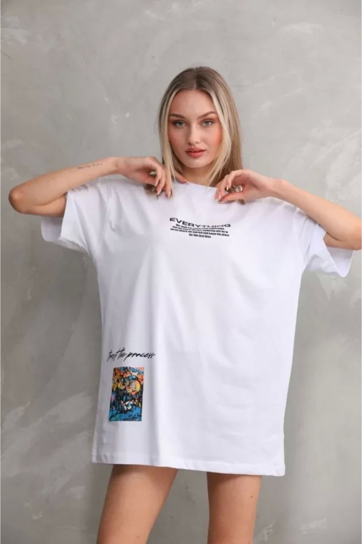 Kelepire Düştü Unisex Bisiklet Yaka Baskılı Oversize T-Shirt - Beyaz