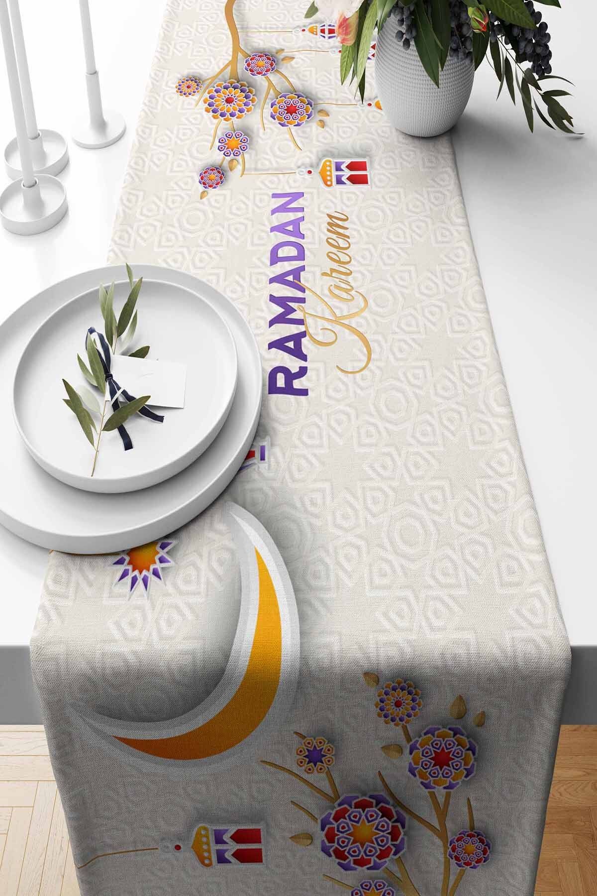 Pilloveland Runner Ramazan Violet Desenli Süet Dokuma 140*40 Cm Ramadan Kareem