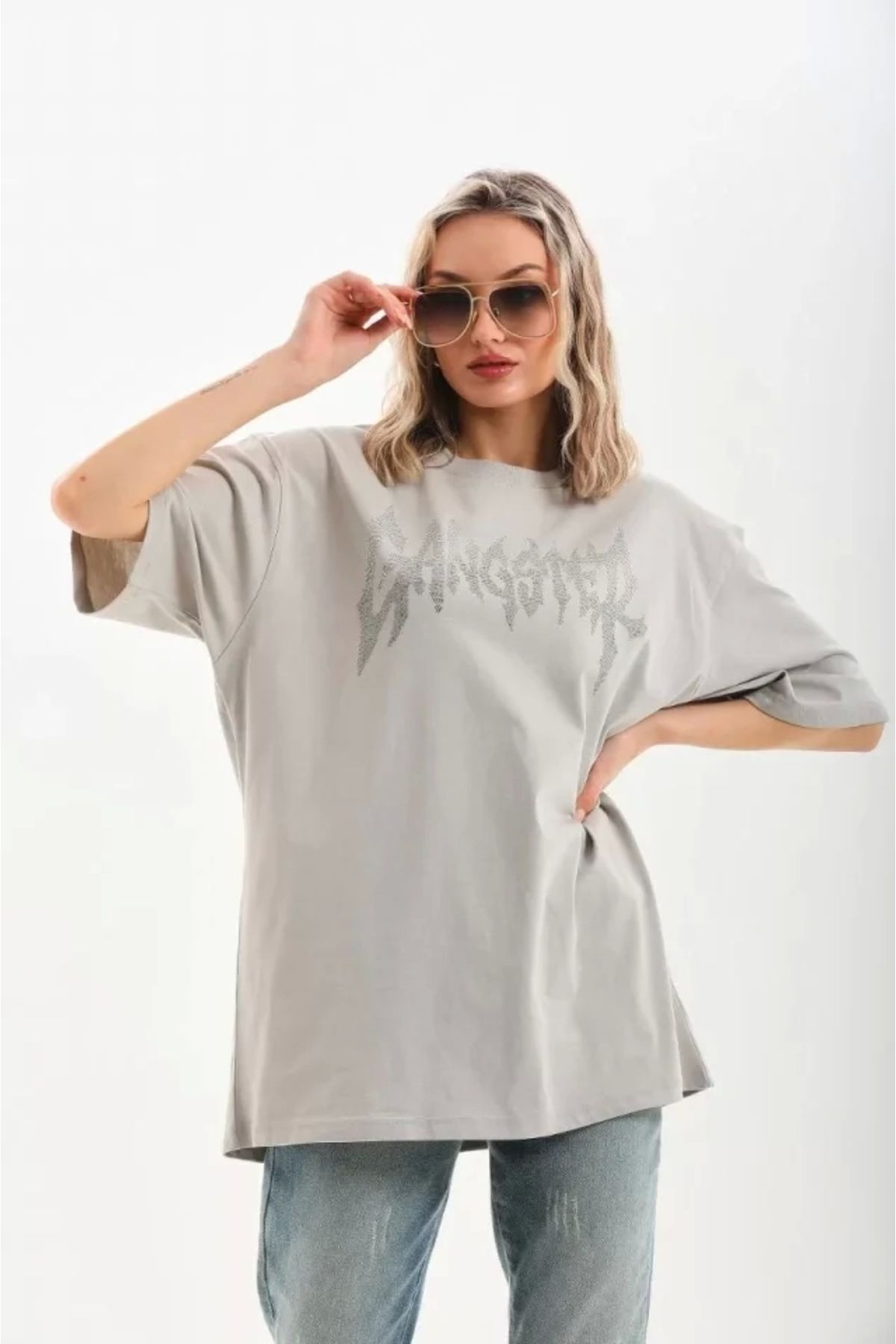 Kelepire Düştü Unisex Taş Desenli Oversize T-Shirt - Gri