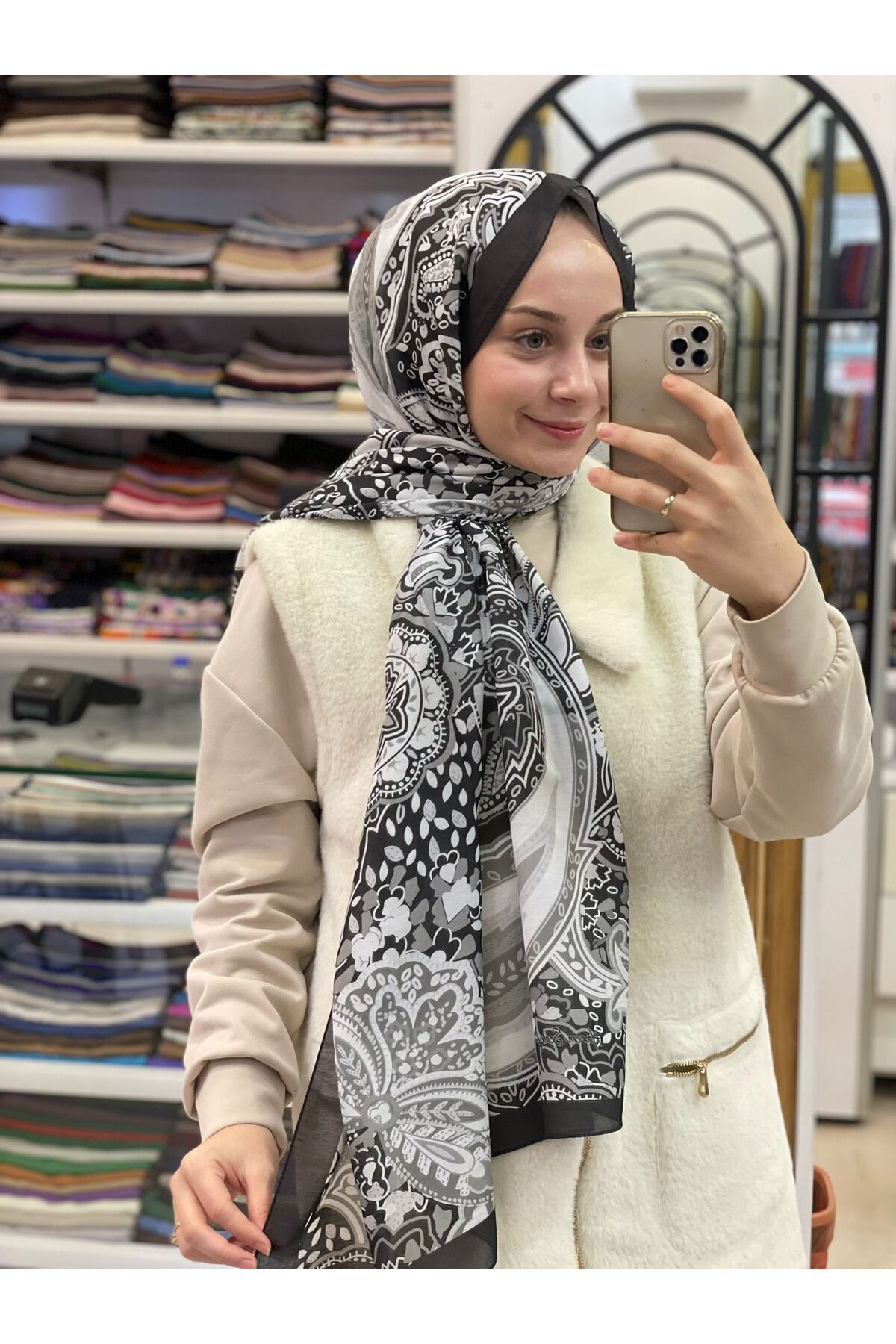 HAREM SCARF Siyah Beyaz Harem Scarf Etnik Desen Pamuk Şal