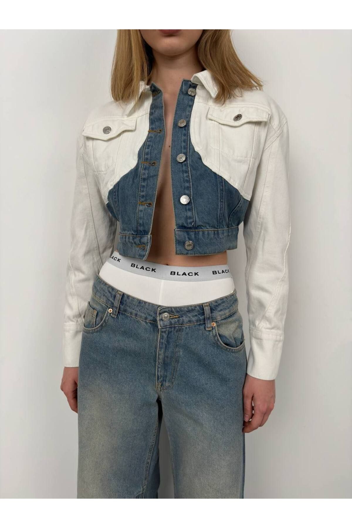 The Koolie Çift Renkli Crop Denim Ceket