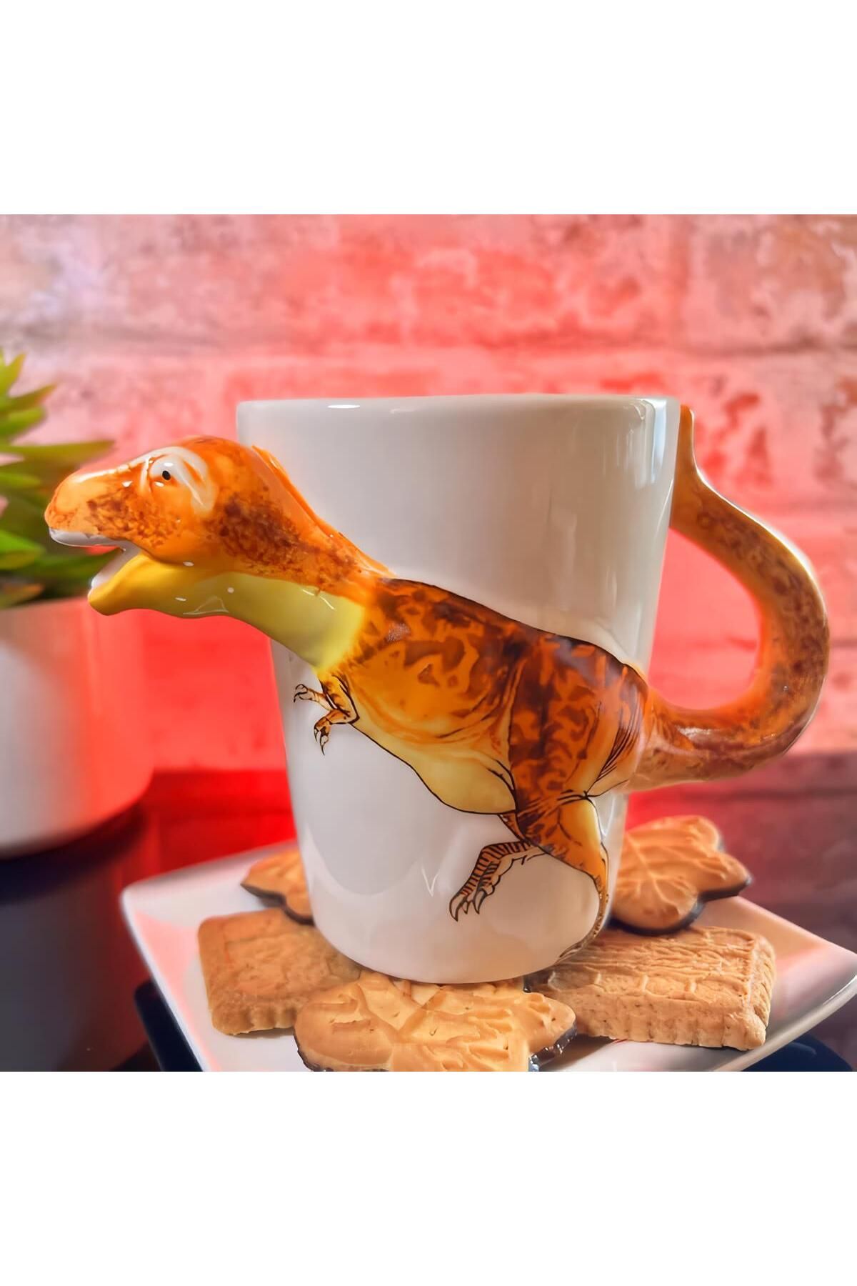 e-life shop 3D Animal Mug Serisi Özel Motifli El Boyaması Dinozor T-Rex Tasarımlı Kahve Fincanı Kupa Bardak Md:2