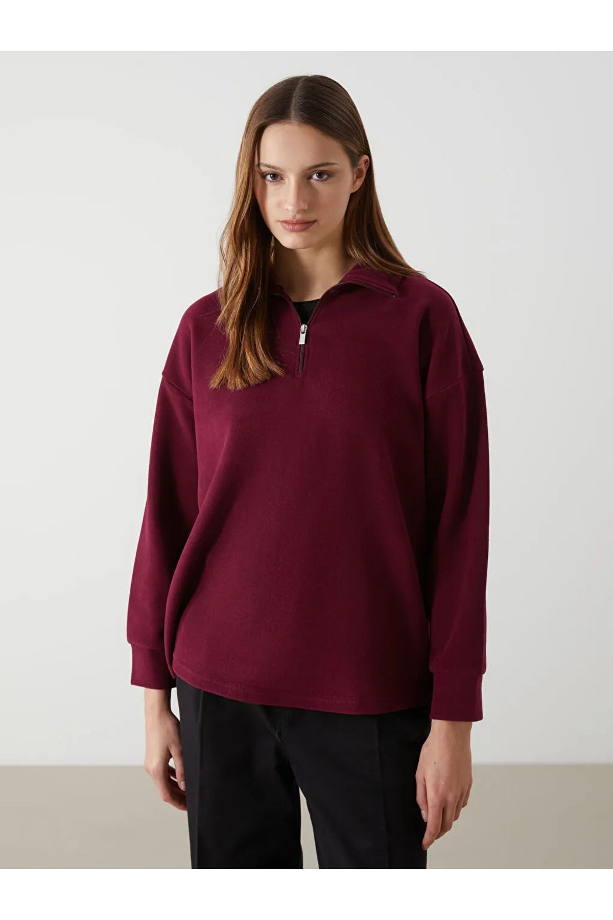 LC Waikiki LCW Comfort Bordo Dik Yaka Kadın Sweatshirt