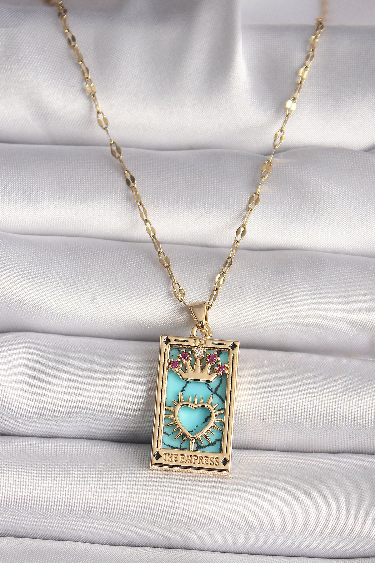 BirdoluSepet 316L Gold Renk Pembe Zirkon Taşlı Taç Kalp Portre Model Kadın Kolye