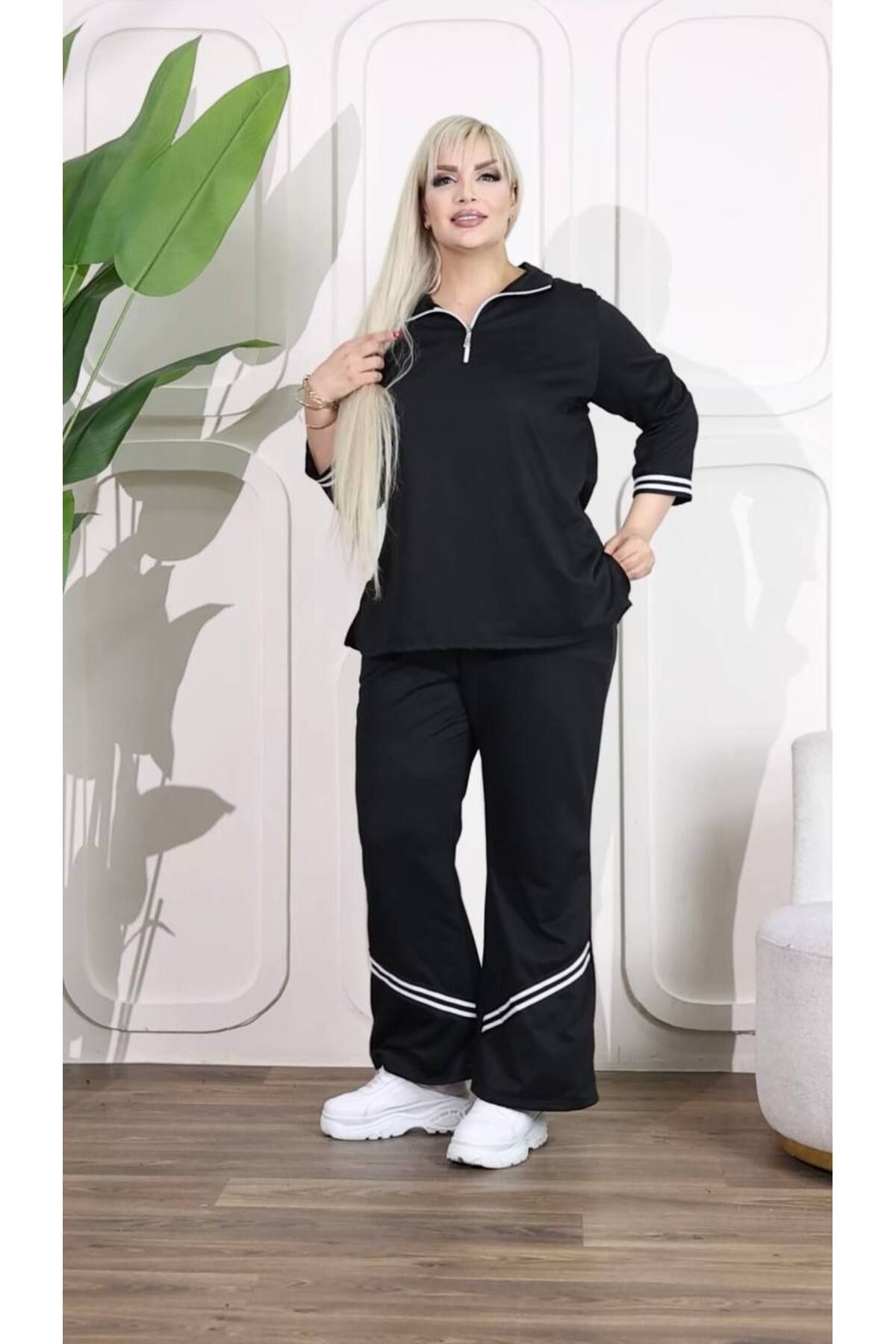 garajmood-Large Size Bottom-Top Set with Black Stripe and Zipper Detail 2